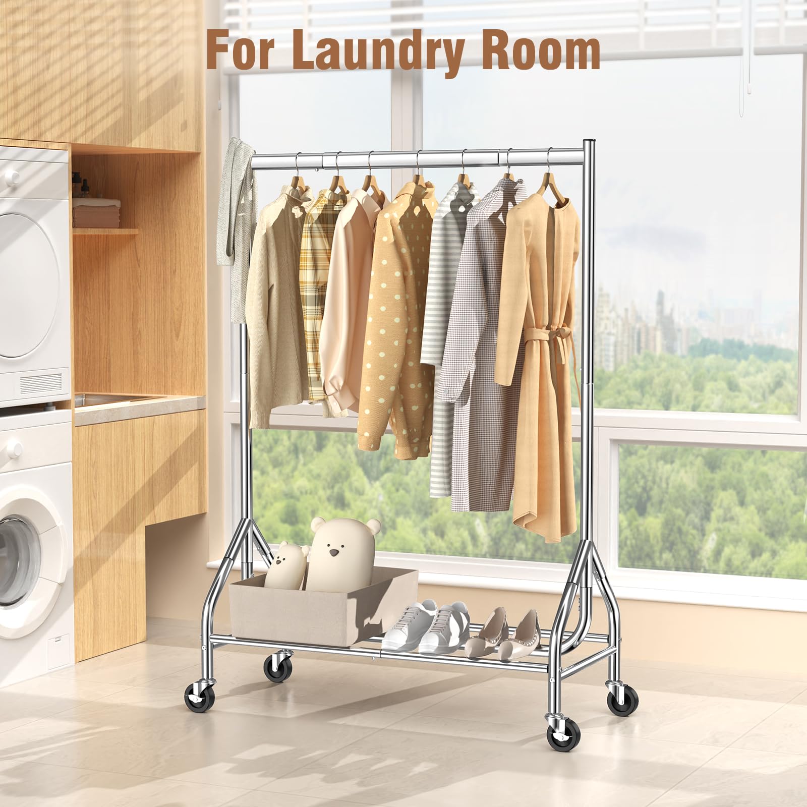 EAGMAK Tringle à vêtements robuste, capacité de charge 190 kg, tringle à vêtements mobile avec roulettes verrouillables, tringle à vêtements en métal debout avec étagères, garde-robe portable et