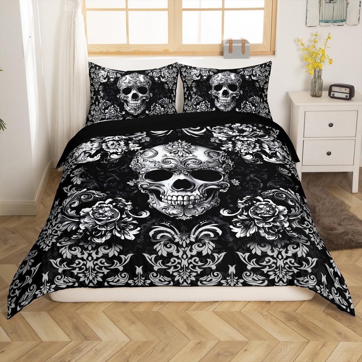 Gothic Skull Duvet Cover Set King Size,Halloween Flower Skull Bedding Sets for Boys Girls Woman Men Bedroom Decor,Black Grey Vintage Damask Quilt Cover Retro Floral Comforter Cover,2 Pillowcases