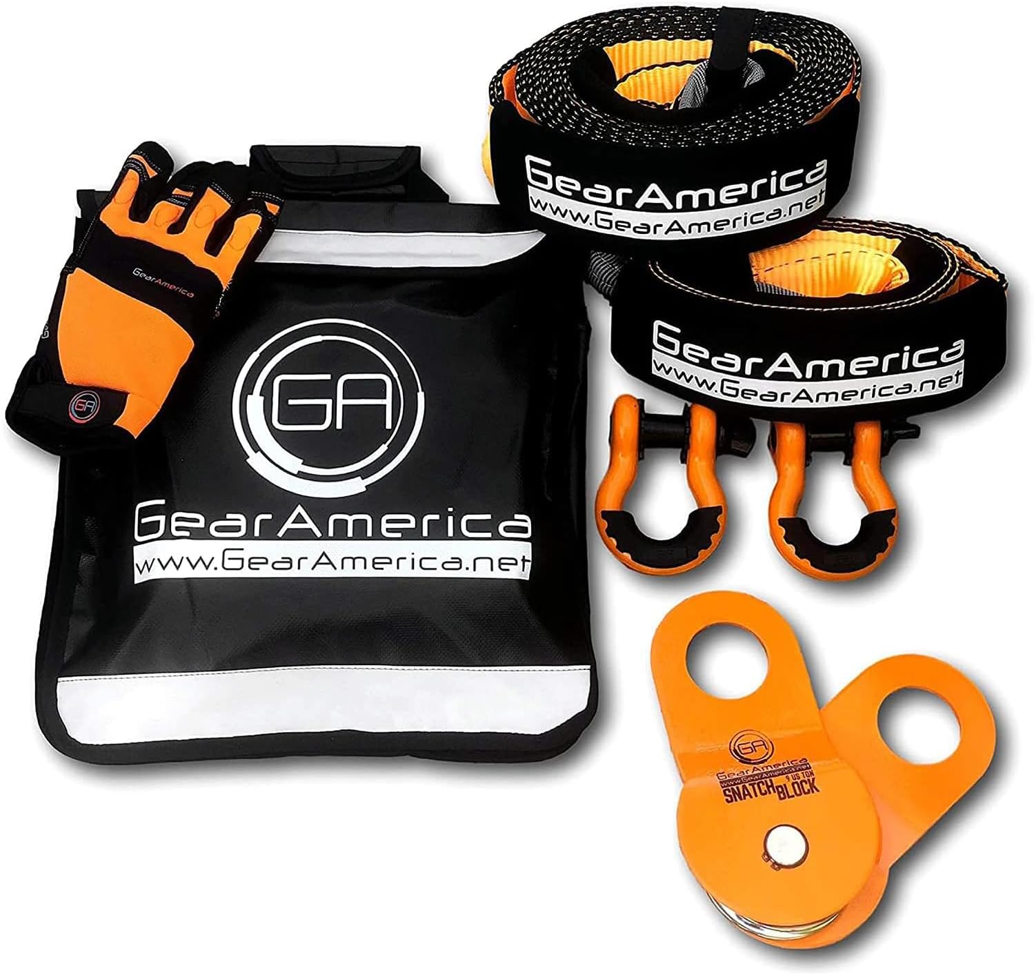 GearAmerica Off-Road Recovery Kit | Tow Strap + Tree Saver + Heavy Duty Snatch Block Pulley + Orange D-Ring Shackles + Winch Line Dampener Bag + Recovery Gloves | Ultimate 4x4 Winching Accessories