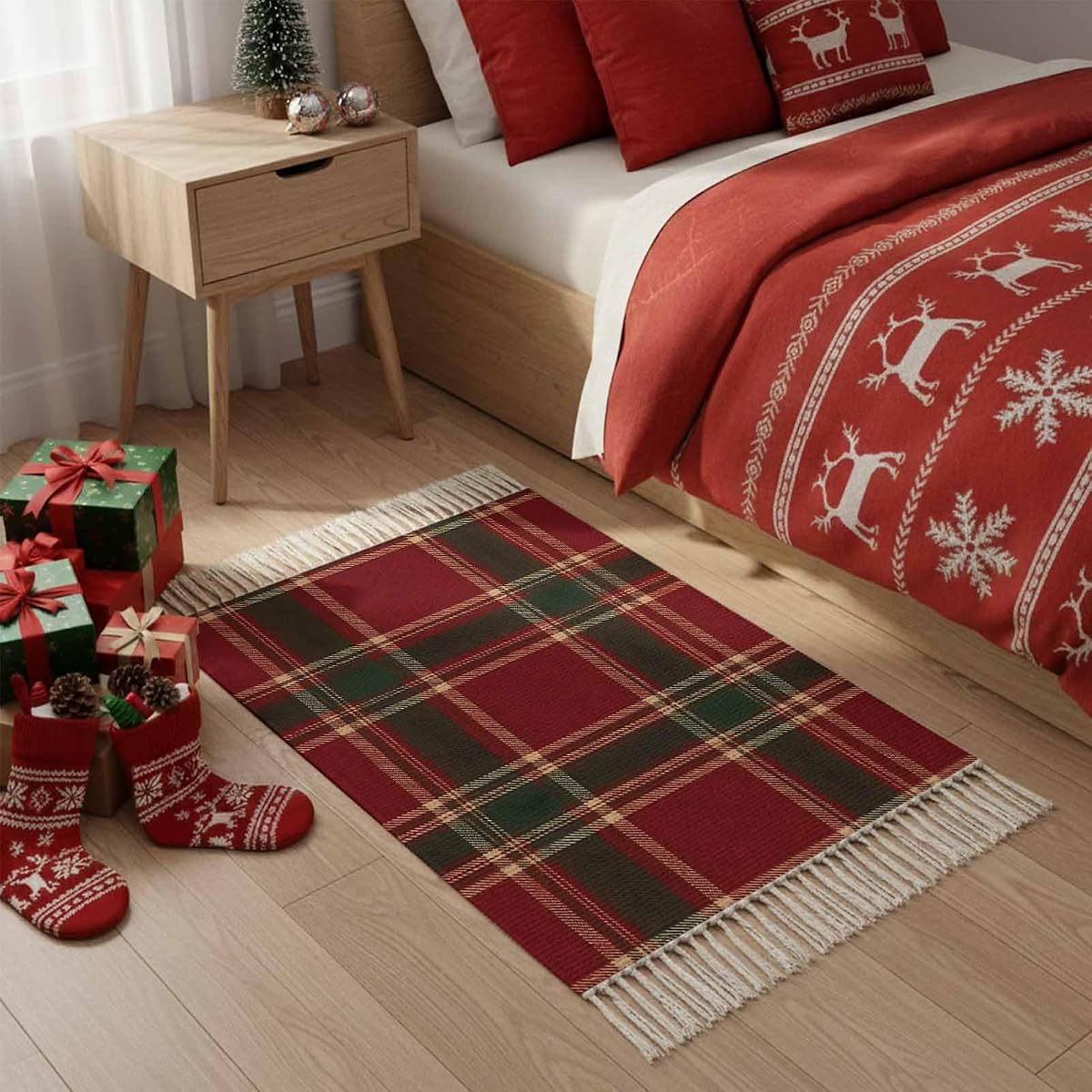 jinchan Christmas Rug 2x3 Entryway Washable Kitchen Rug Tartan Plaid Red view 2