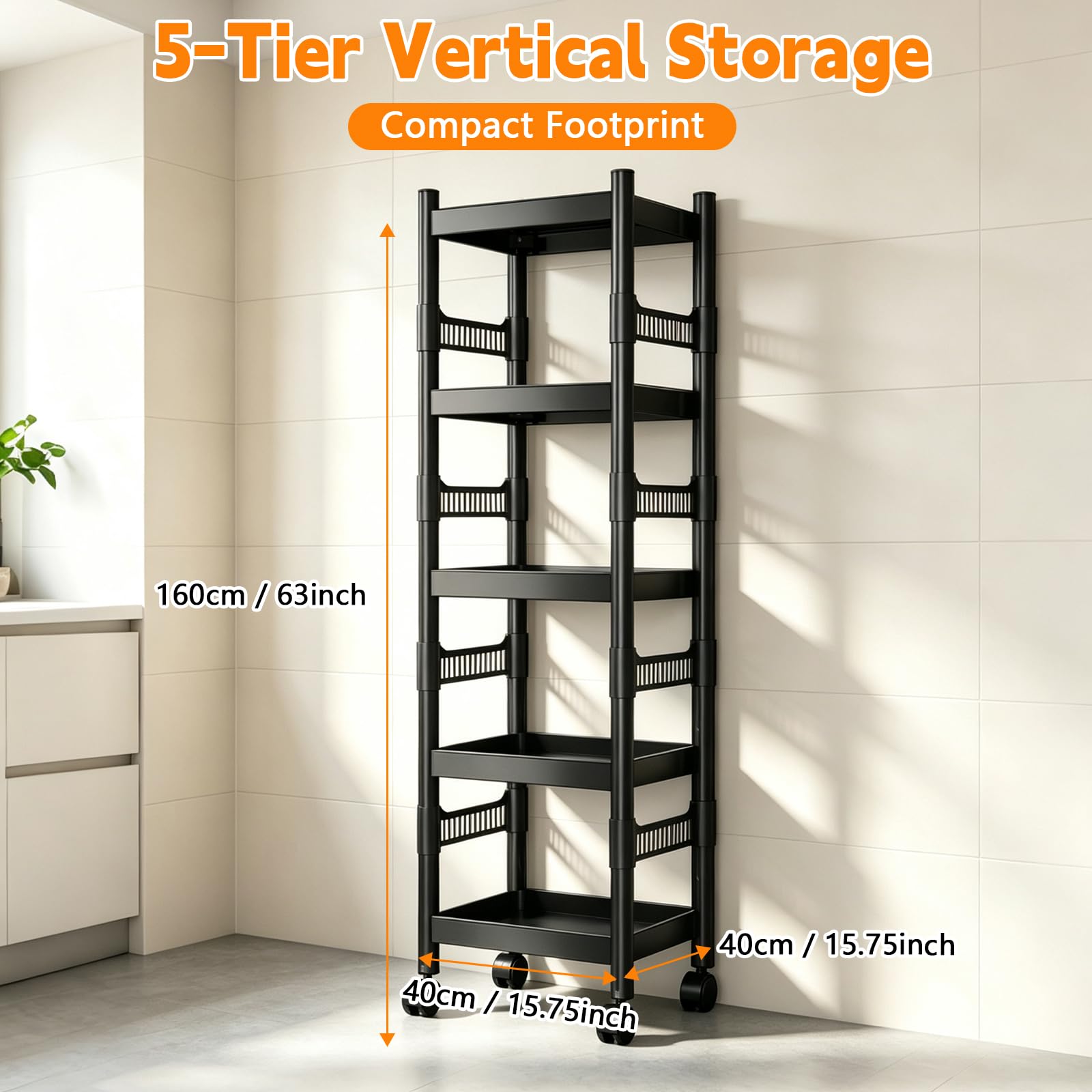 Scaffale in metallo a 5 ripiani con ruote, resistente, 40 x 40 x 160 cm, regolabile, carrello da cucina in metallo per cucina, garage, dispensa, nero
