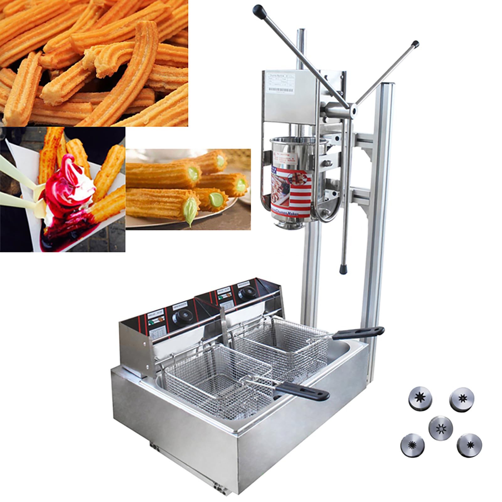 WYDDDARY 5L Commercial Vertical Manual Churrera Churros Machine Latin Fruit Machine with 5pcs Nozzles and Two 6L 220V 2500W Electric Fryers for Kitchen Restaurant