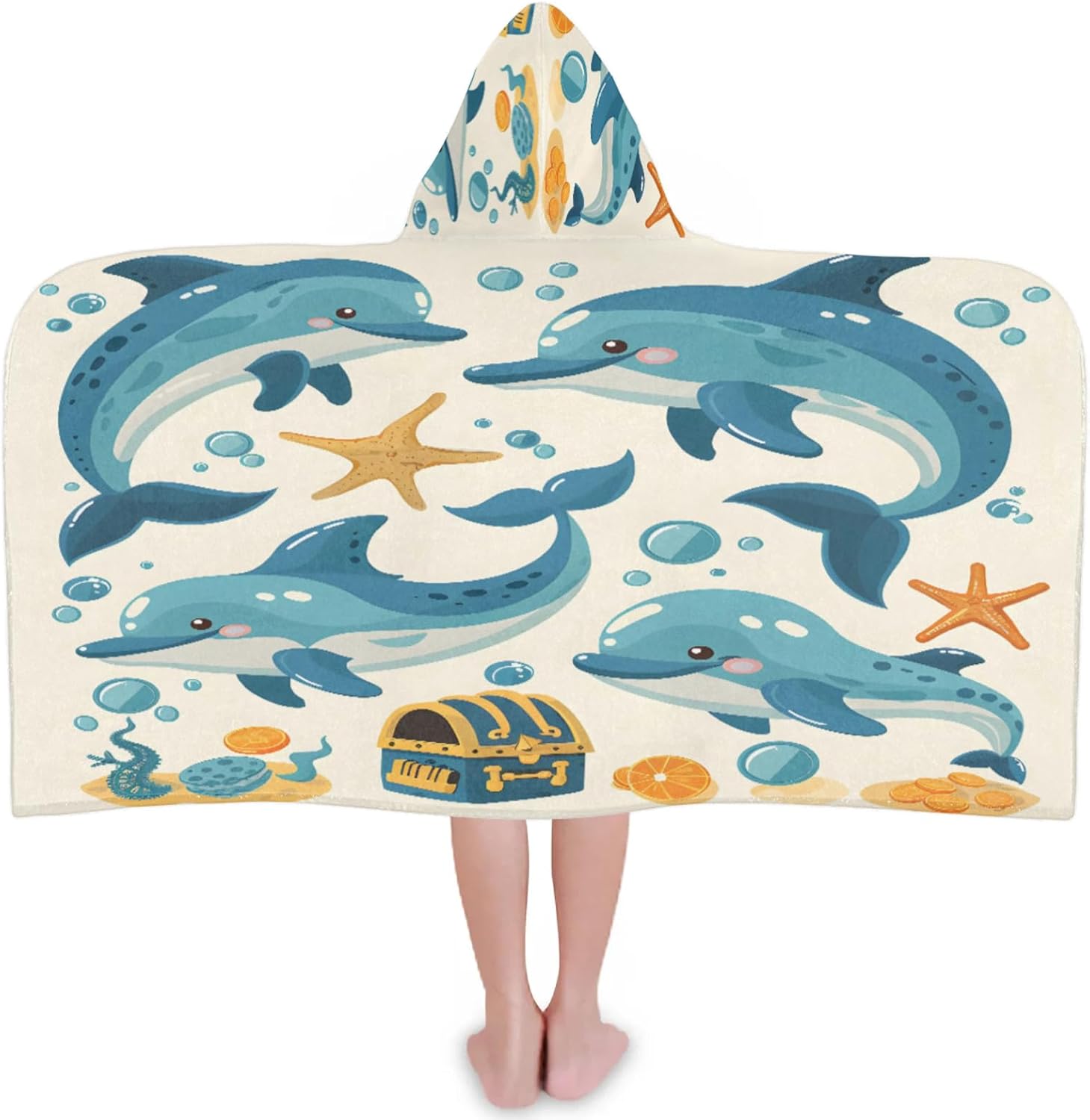 Blue Dolphins Hooded Towels for Kids Absorbent Soft Pool Swim Beach Bath Towel for Boys Girls, 24 in x 50 in
