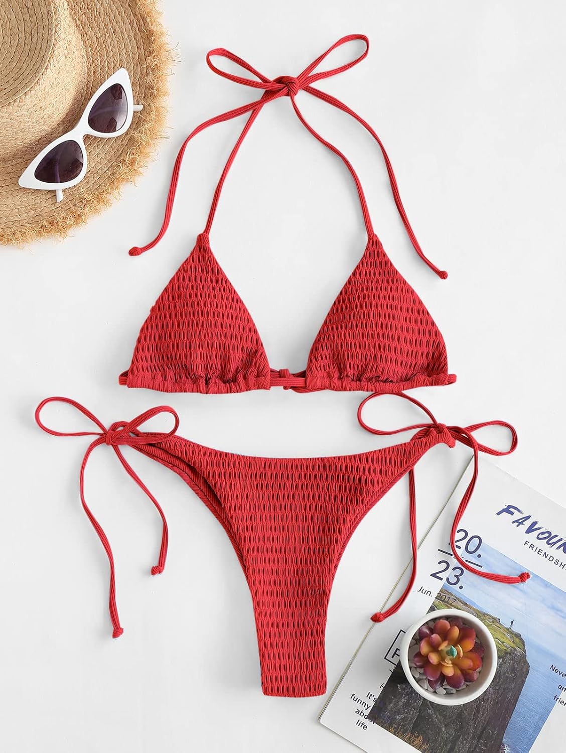 ZAFUL Women's Smocked Triangle Bikini Set Halter String Textured Swimwear Cheeky Thong Two Piece Swimsuits - Image 3