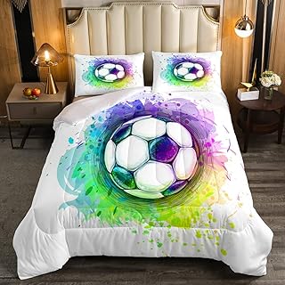 3D Football Bedding Set for Teens Boys,Watercolor Tie Dye Soccer Comforter Set for Kids Girls,Ball Hobby Activity Duvet Insert for Youth,European Sports Competitive Games Quilted Duvet Full Size