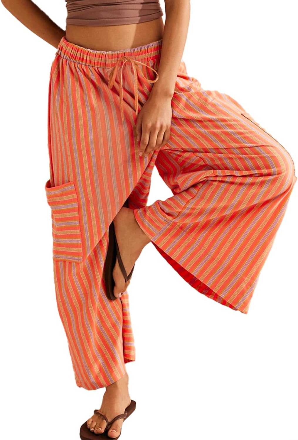 EVALESS Women Palazzo Pants Summer Casual Wide Leg High Waist Lounge Flowy Beach Striped Trousers Travel Vacation Outfits