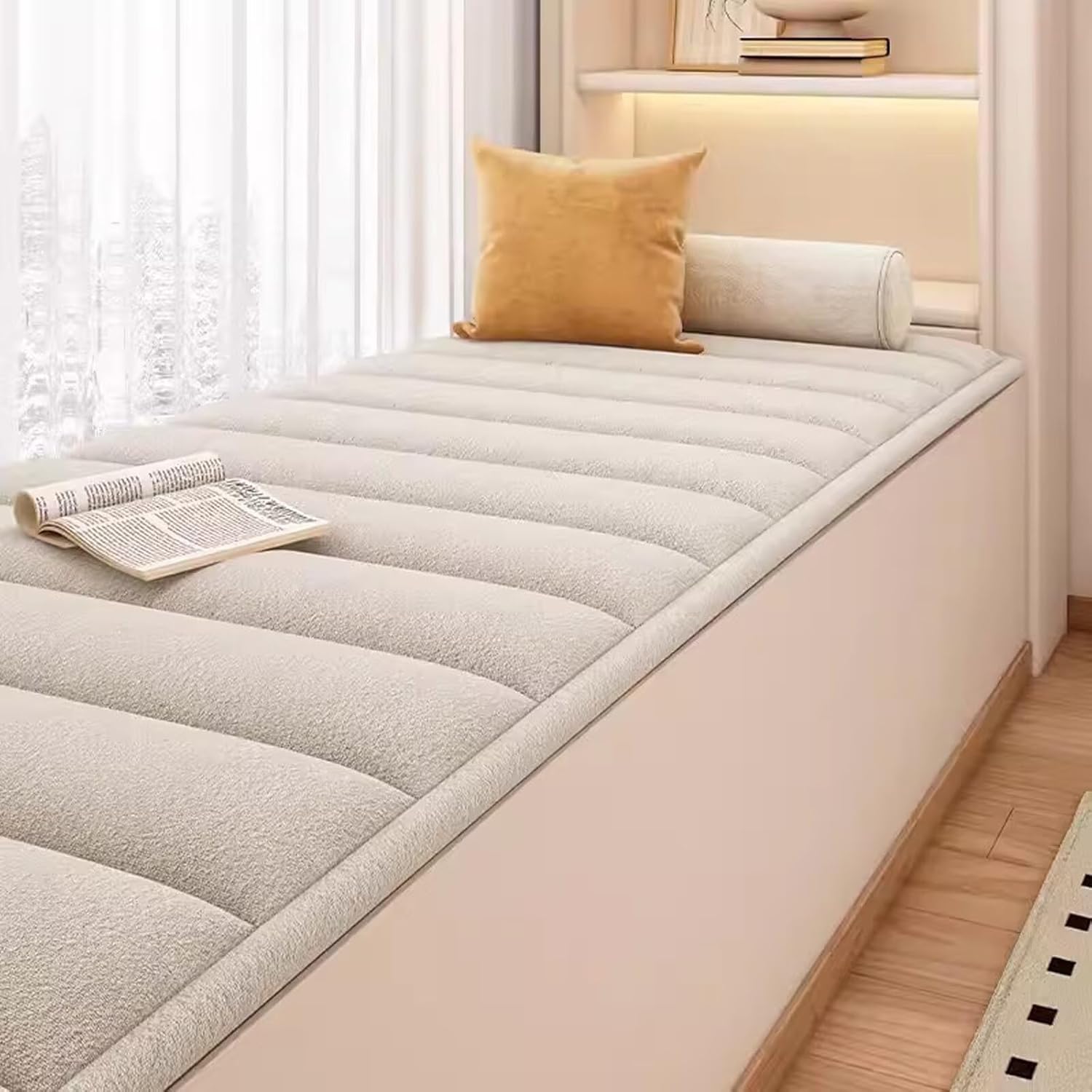 Custom Bay Window Mat, Bay Window Seat Cushion Indoor, Sherpa Fleece Fabric Windowsill Pad for Bedroom, Non Slip Pads Sill Bench Cushions 24 x 59 in (Beige)