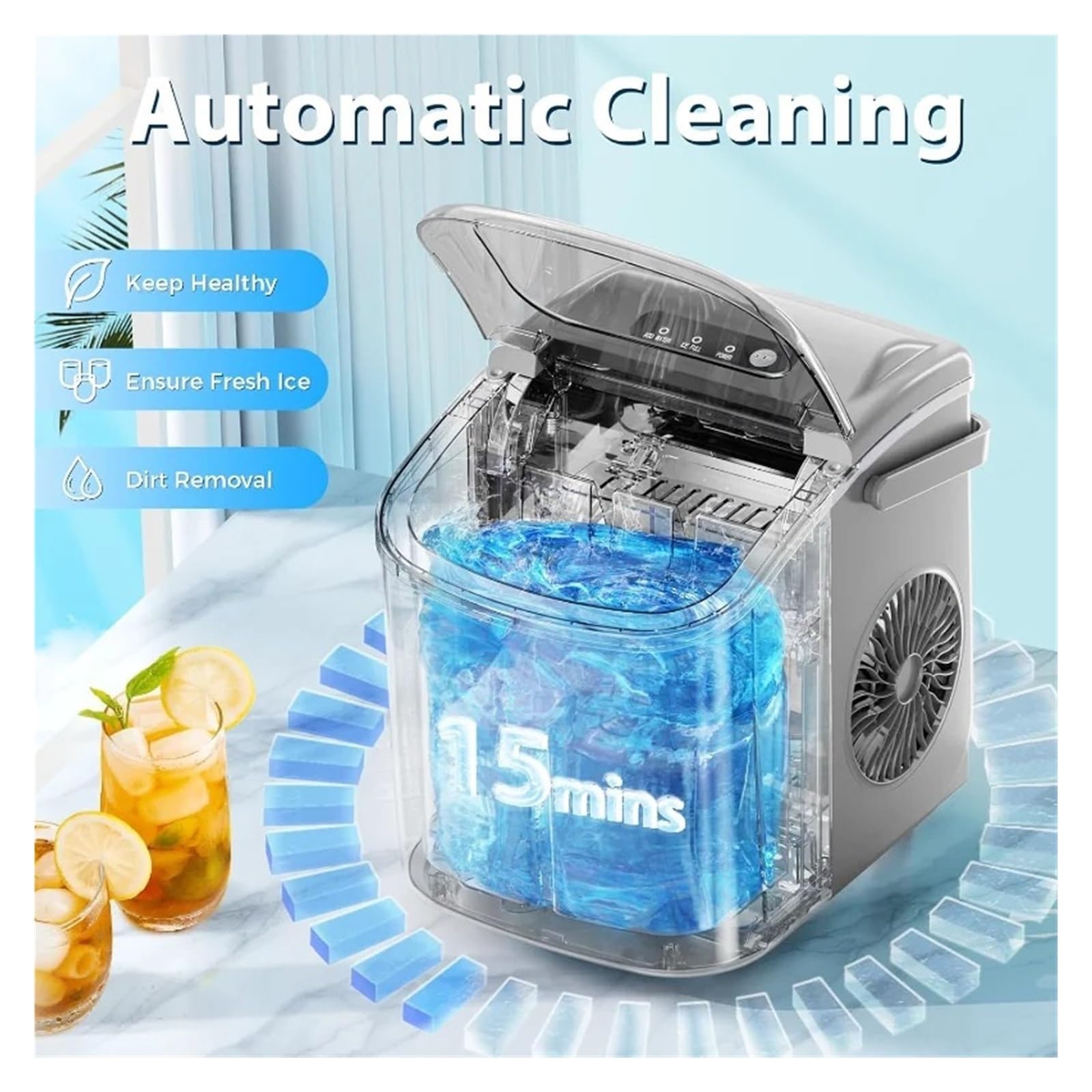 Fabbricatore di ghiaccio, fabbricatore di ghiaccio portatile con autopulizia, macchina for il ghiaccio, cestello e paletta per Casa/Cucina/Ufficio
