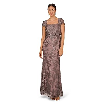 Adrianna Papell Metallic Embroidered Pop Over Mob Gown Women