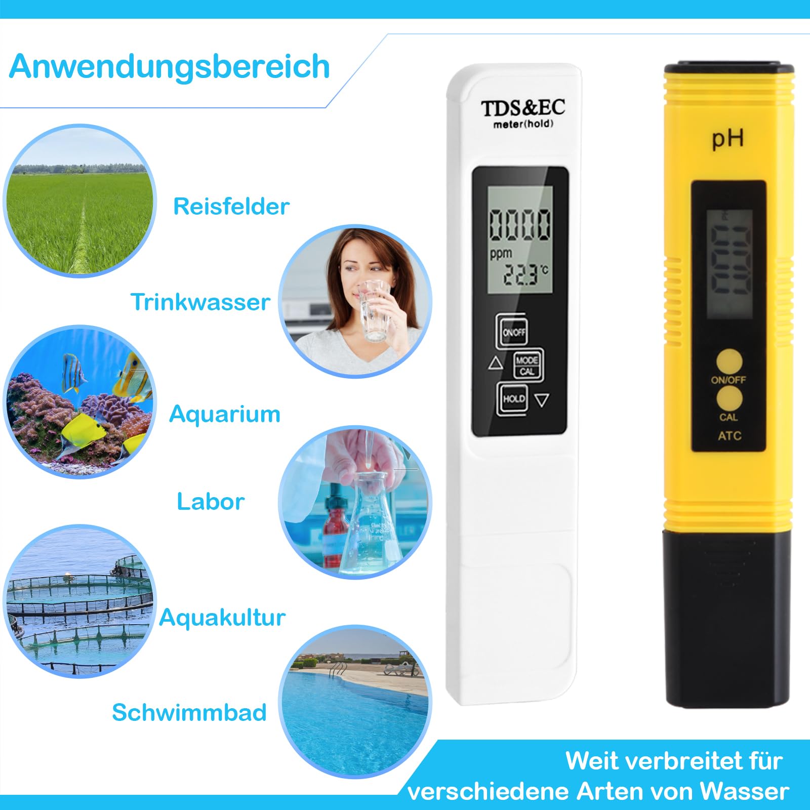 PH Messgerät, PH TDS EC und Temperatur 4 in 1 Set, Wasserqualität Tester mit hoher Genauigkeit, Pool Tester mit LCD-Display, Leitfähigkeitsmesser für Schwimmbad, Trinkwasser, Aquarium