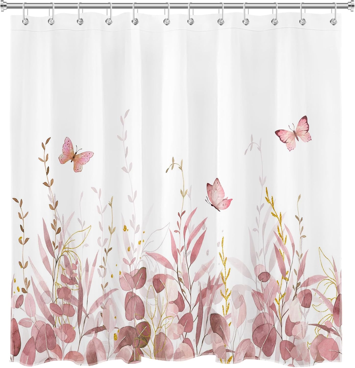 HVEST Eucalyptus Leaf Shower Curtain, Pink and Gold Leaves and Butterflies Shower Curtain with Hooks, Nature Watercolor Plant Polyester Fabric Bath Decor Accessories, 78L x 72W Inches
