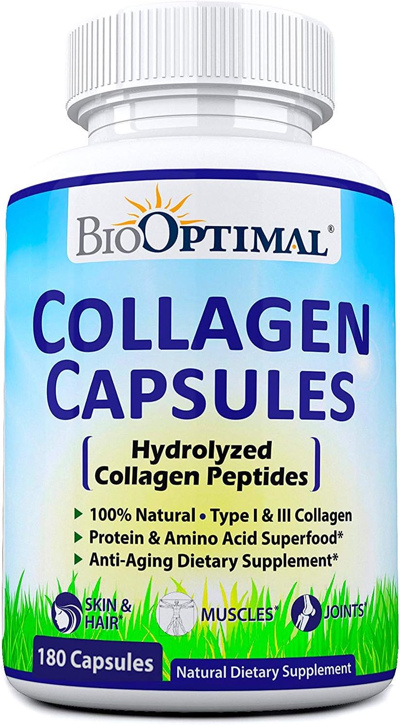 BioOptimal Grass-Fed Hydrolyzed Collagen Capsules for Skin, Hair & Joints | Type I & III; 180ct (2-month supply); pasture-raised; non-GMO; gluten-free; no fillers; GMP certified; 3rd-party tested