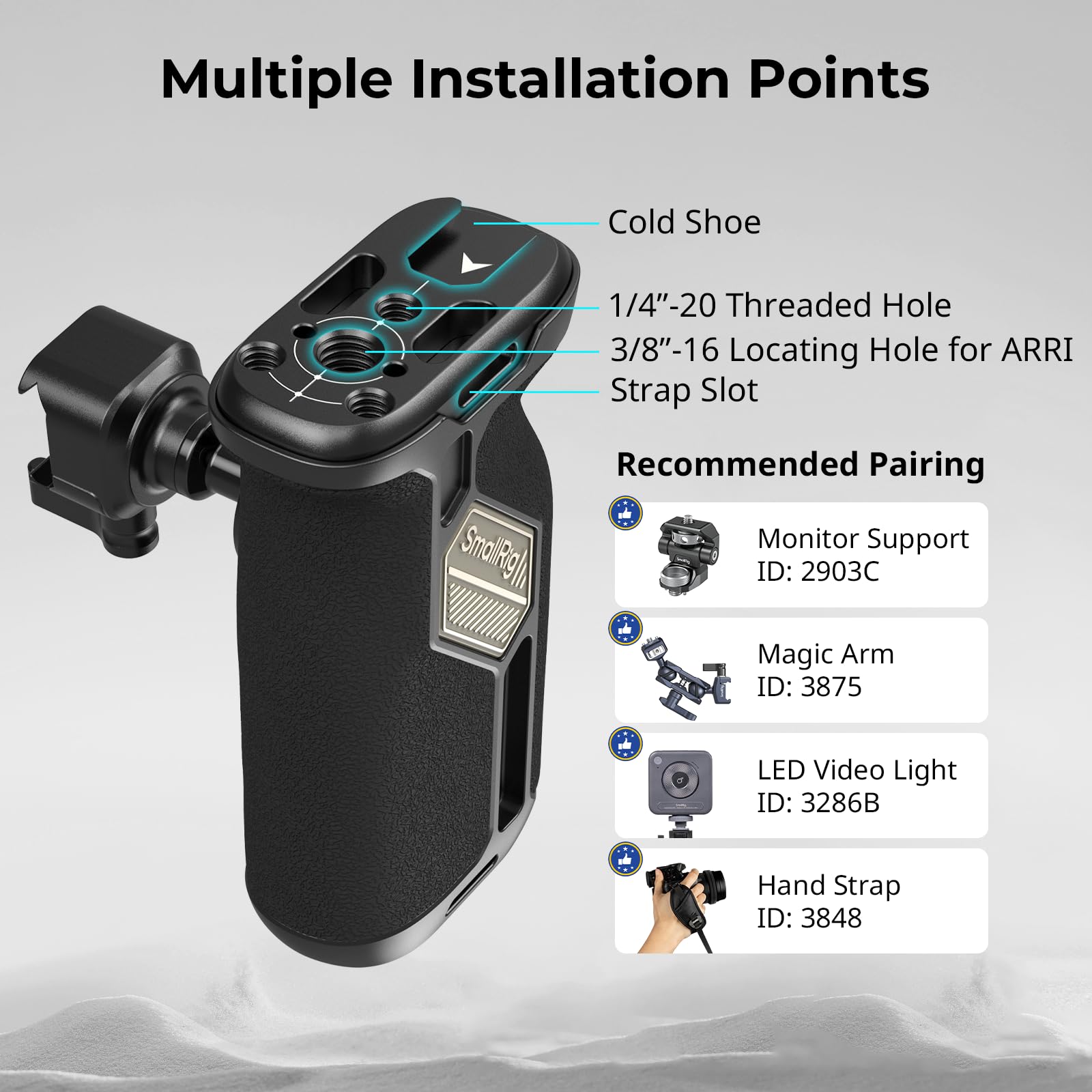 SMALLRIG NATO Side Handle para Mano Izquierda y Derecha, Mango Lateral Giratorio de 360° con Silicona Antideslizante, Orificios Roscados Integrados, Orificio para Correa de Muñeca, Cold Shoe - 4359