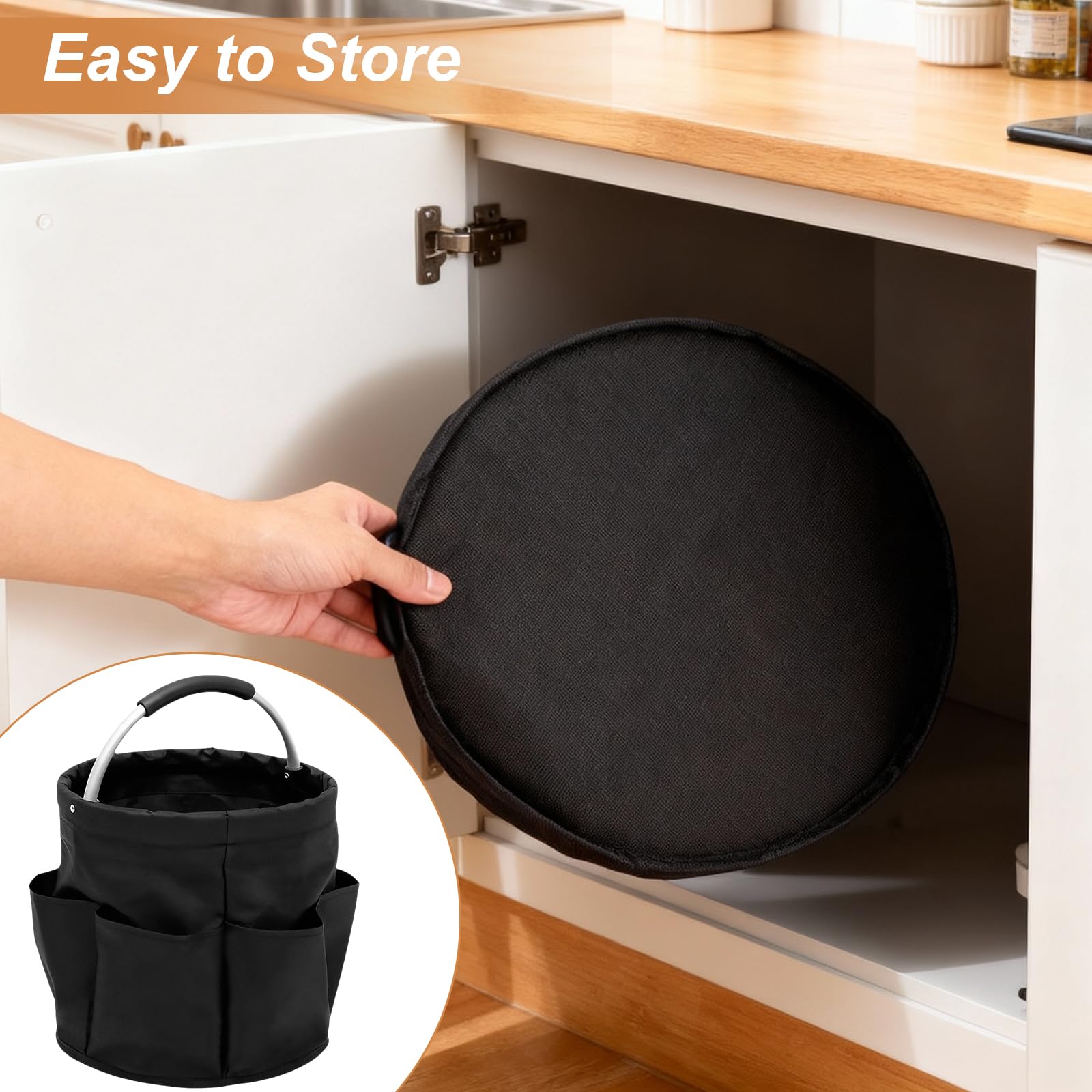 Organizer detersivi, borsa pieghevole per la pulizia, cestino per la da 17 litri con manico e 6 scomparti, borsa portatile per la pulizia contenitore per bagno soggiorno giardino (28x28 cm) - 5