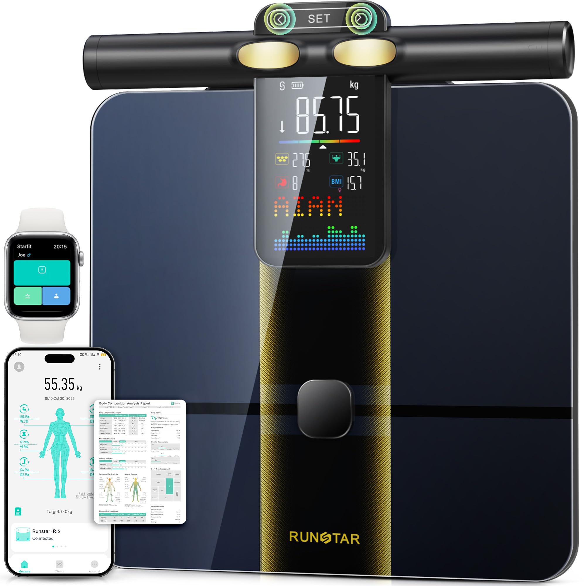 RunStar Smart Scale for Body Weight and Fat Percentage, 8 Electrodes High Precision Body Composition Scale with Set Functions Handle, Body Analyzer Scale Sync App 28 Metrics 400lbs