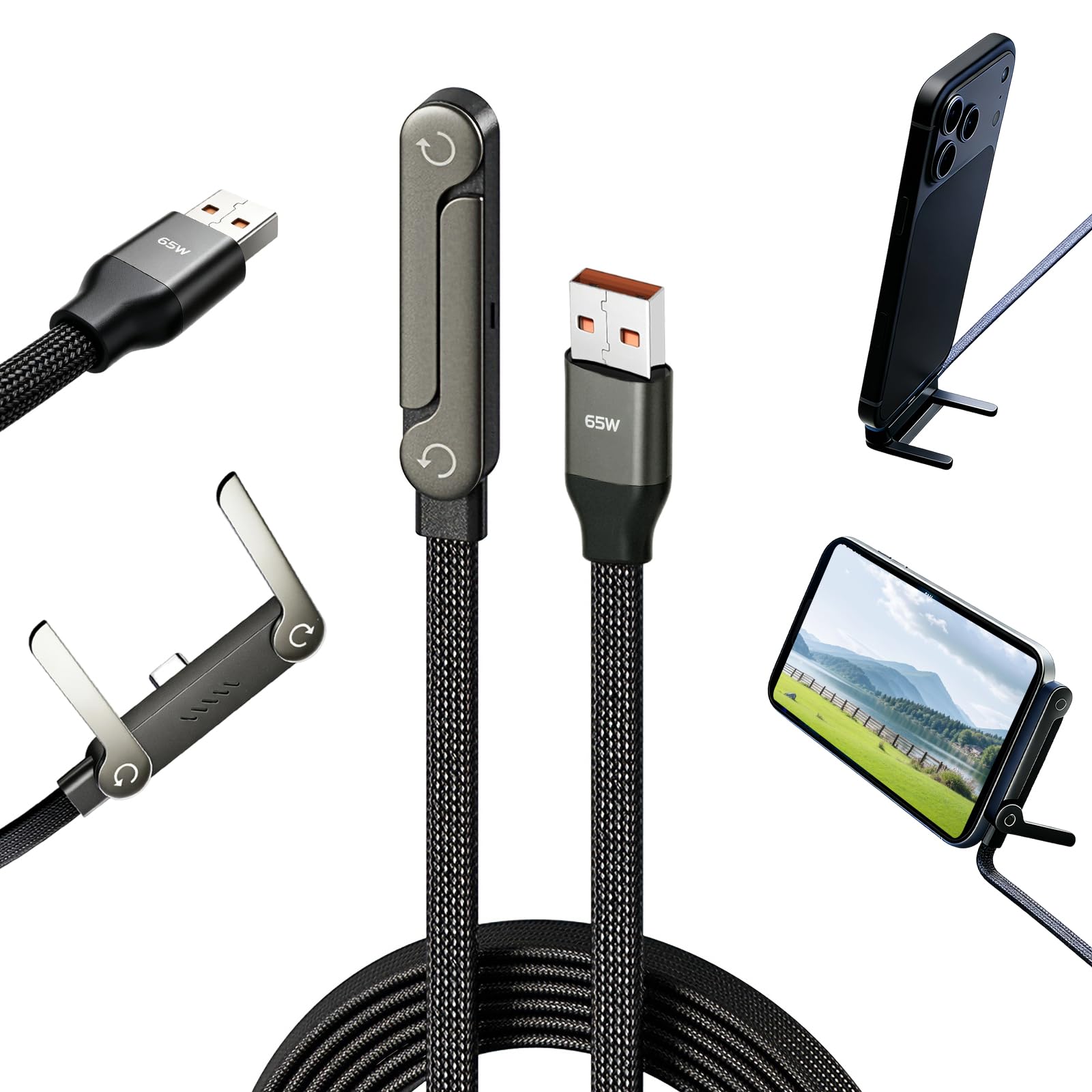 USB C Charger Cable with Stand, 1.5m 240w Fast Invisible Holder Flat Data Cable with Bendphone Accessories, Type C Sideways Charging Cable for iPhone 17 16 15 Pro Max, Samsung S25 S24 Ultra etc. (C-C) — view 6