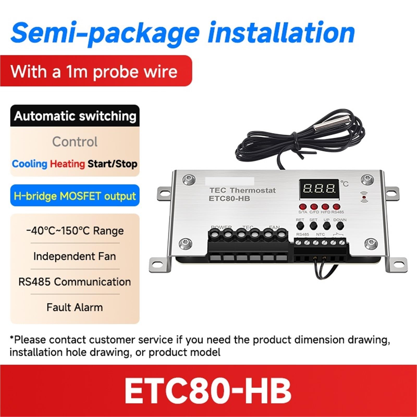 Controlador de temperatura ETC80 TEC, cable de sonda de 1 m, amplio rango de -40~150 ℃, control de temperatura de grado industrial(ETC80-HB)