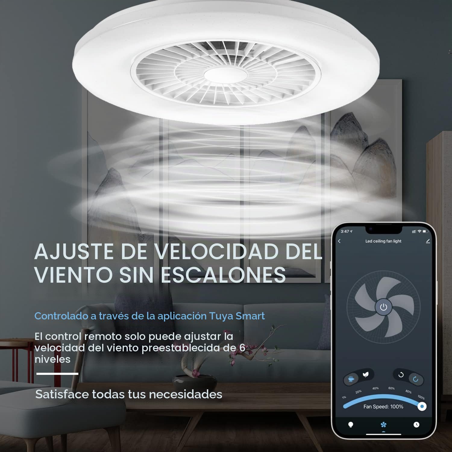 Luz de techo LED inteligente con ventilador, luces de ventilador de techo Ajuste continuo de la velocidad del viento, luz de atenuación continua, iluminación de ventilador moderna de 60 cm