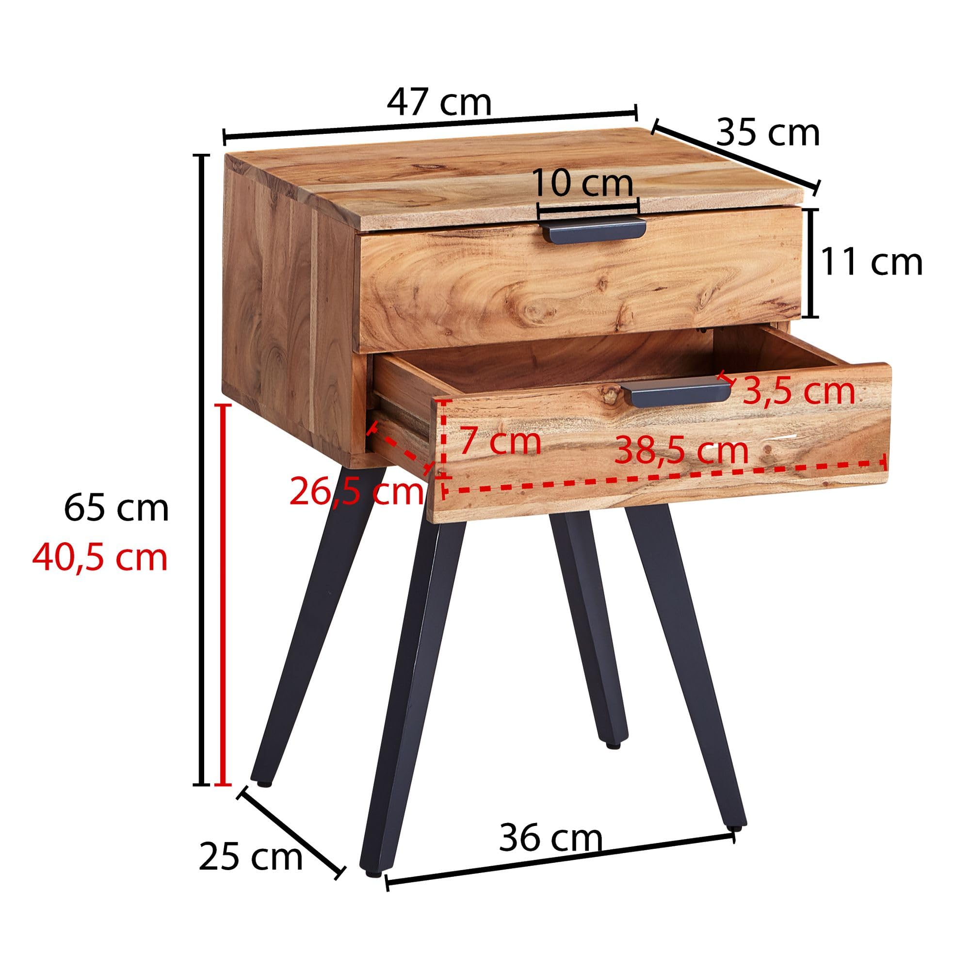 FineBuy Nachttisch 47x35x65 cm Akazie Massivholz mit 2 Schubladen