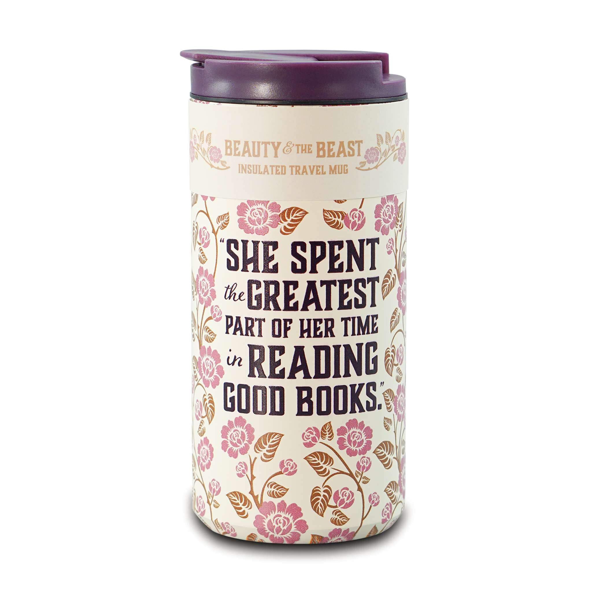 Half Moon Bay | La Belle et la Bête | Tasse de voyage isotherme réutilisable de 350 ml | Tasse à café thermique en acier inoxydable crème et mauve foncé | Collection littéraire haut de gamme | Cadeau