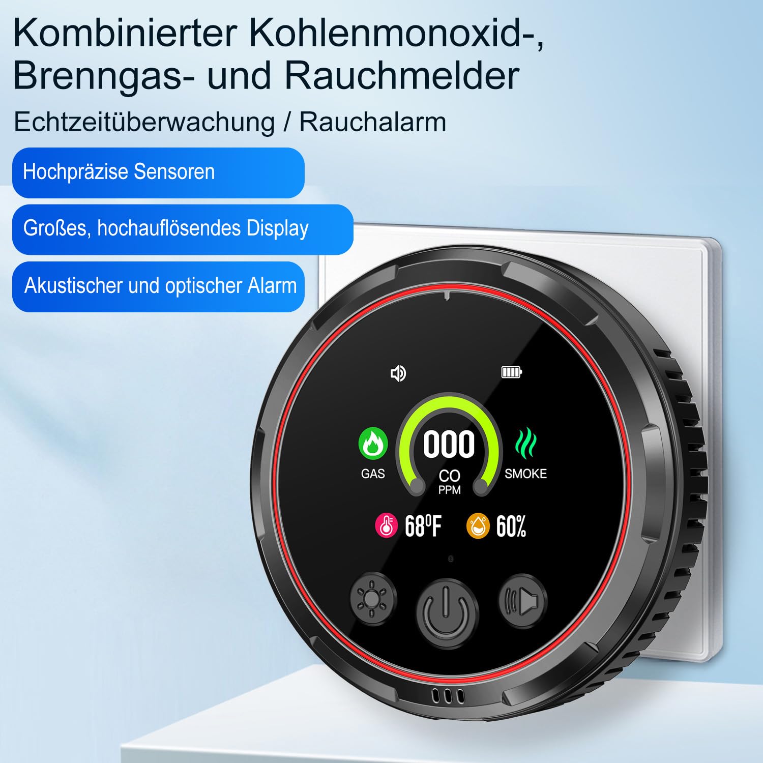 5in1 Rauchmelder CO-Melder Gasmelder und Temp Feuchtigkeits-Sensor für Haus | Plug in Rauch CO Gas Kohlenmonoxid-Detektor mit Batterie, HD-Bildschirm, Temp Feuchtigkeits-Sensor für Home Hotel RV HD13