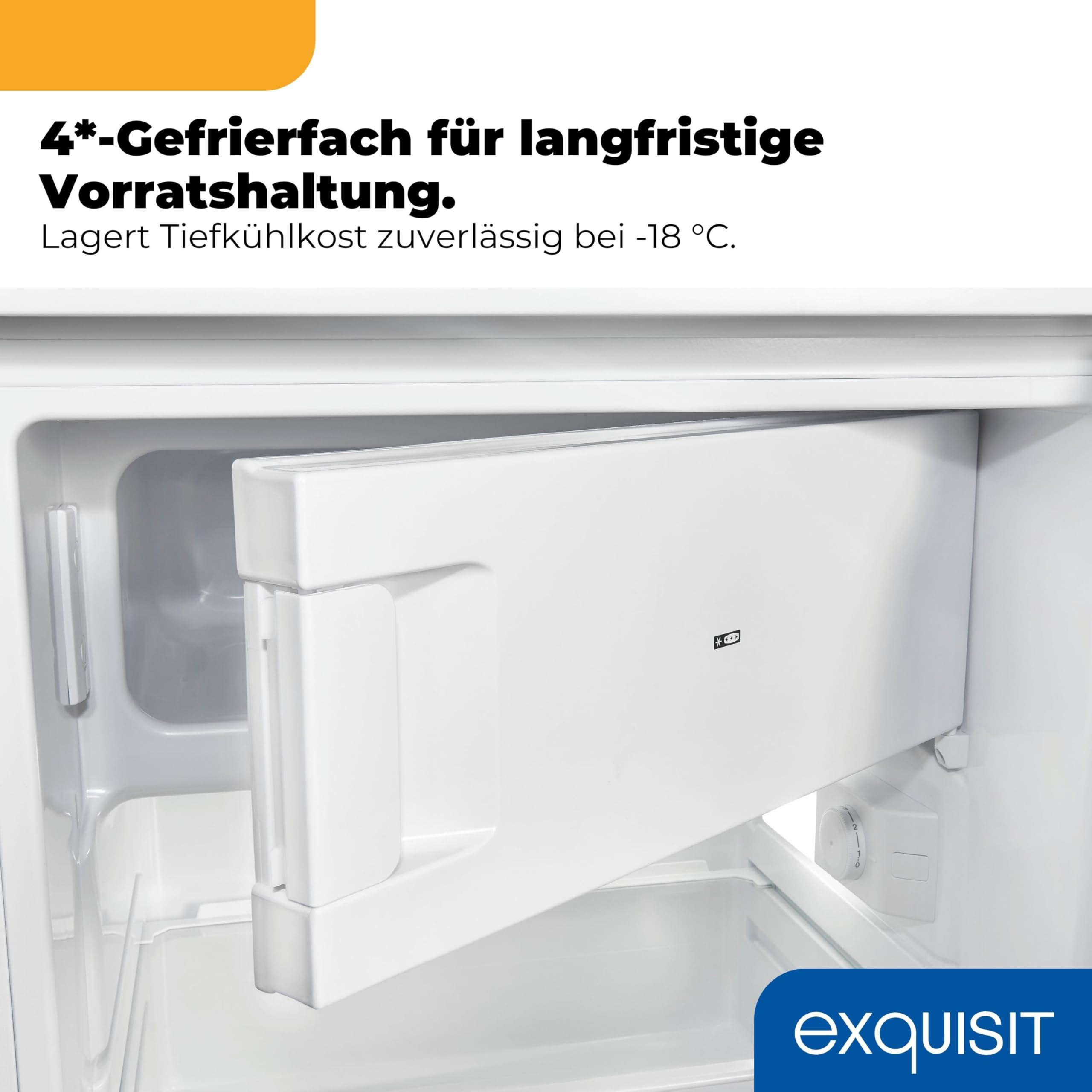Exquisit KS516-4-E-040E Kühlschrank mit Gefrierfach, 109 l, LED, Weiss | Kompaktes Standgerät mit 4-Sterne-Gefrierfach, 139 kWh/Jahr, 40 dB, wechselbarer Türanschlag, 85 cm hoch, Glasablagen