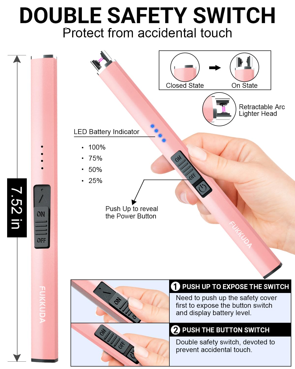 FUKKUDA Electric Candle Lighter with Safety Switch - USB Rechargeable Windproof & Flameless Plasma Arc Lighter, Stocking Stuffers for Him or Her (Obsidian Black): Rose Gold Standard