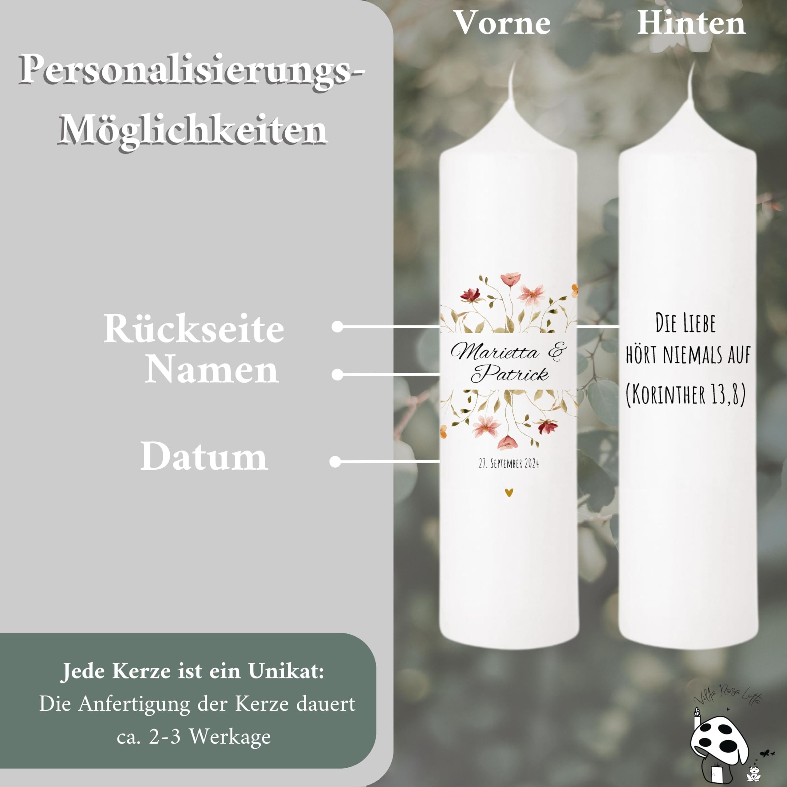 VILLA ROSA LOTTA – Personalisiertes Hochzeitsgeschenk für Brautpaar | Hochzeitskerze mit Namen & Datum | 25 cm x 7 cm | Jahrestag Geschenk Traukerze | Goldene Hochzeit | Hochzeitsdeko