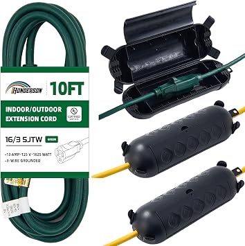 10FT Outdoor Extension Cord & 3PK Outdoor Extension Cord Cover Outside Waterproof-16/3 SJTW Durable Green Extension Cord