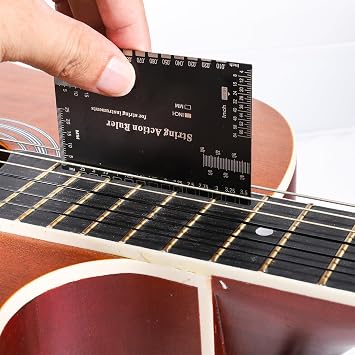 Guitar String Action Gauge Ruler, Black Stainless Steel String Height Ruler with Metric & Imperial Scales, Guitar Height Gauge Set Up Tool with Protective PU Case for Acoustic Electric Guitars Bass