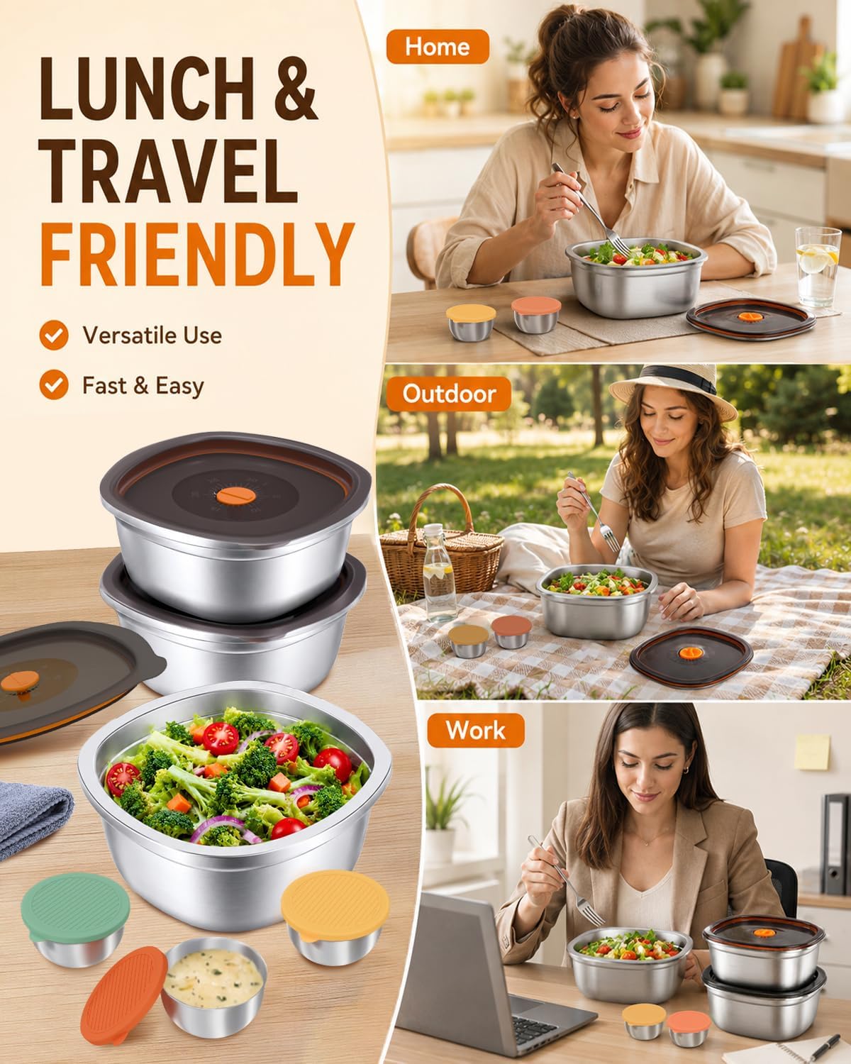 Miradexic Large Stainless Steel Salad Bowls with Lids