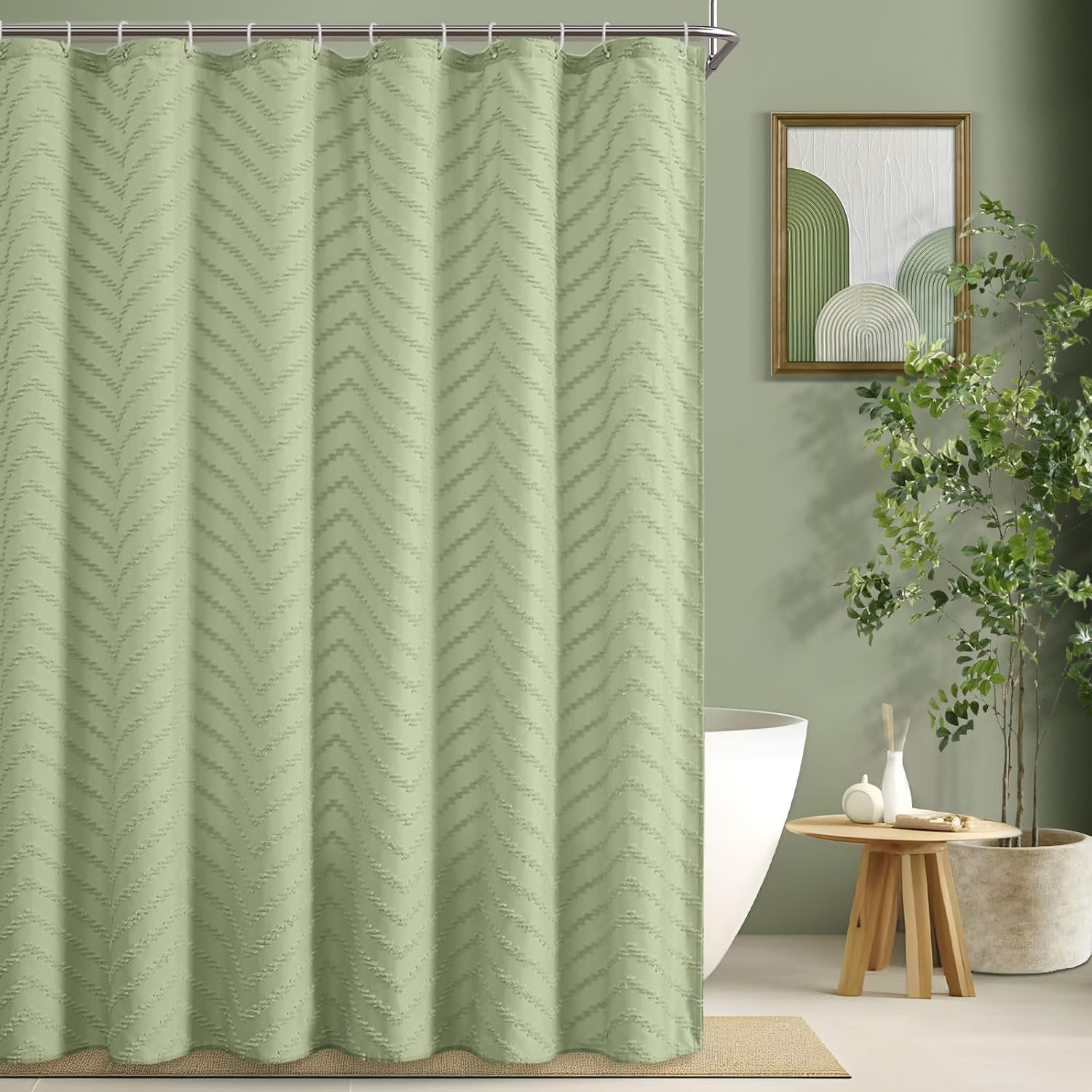 Green Boho Woven Fabric Tufted Chervon Textured Modern Minimalist Neutral Striped Waterproof Shower Curtain 72 x 72 Inches