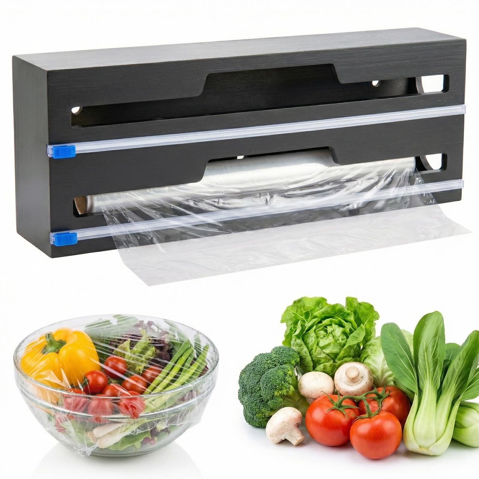 CROWNSHOP Foil and Cling Film Dispenser and 35 cm Cutter Bamboo Kitchen