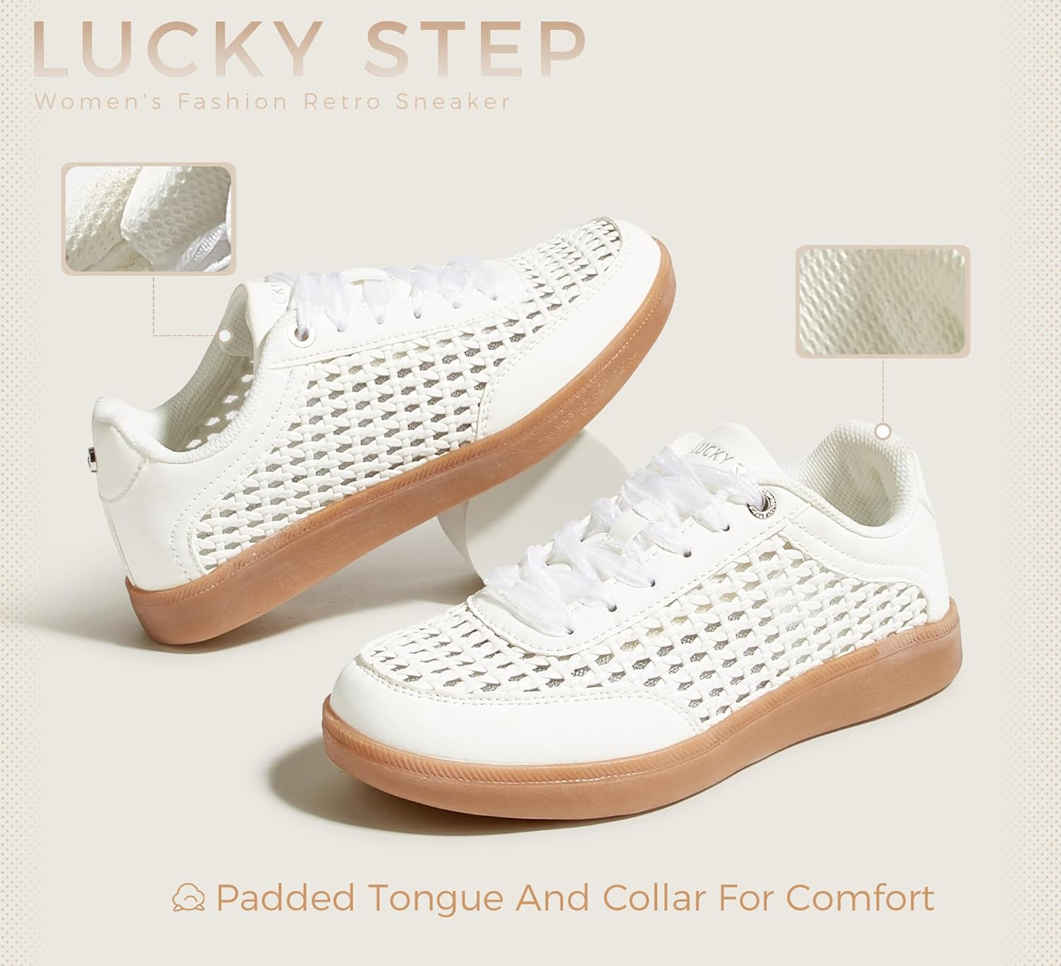 LUCKY STEP Women's Fashion Tennis Shoes Classic Retro Sneakers Casual Gum Sole Braided Raffia Street Style Trendy Walking Footwear