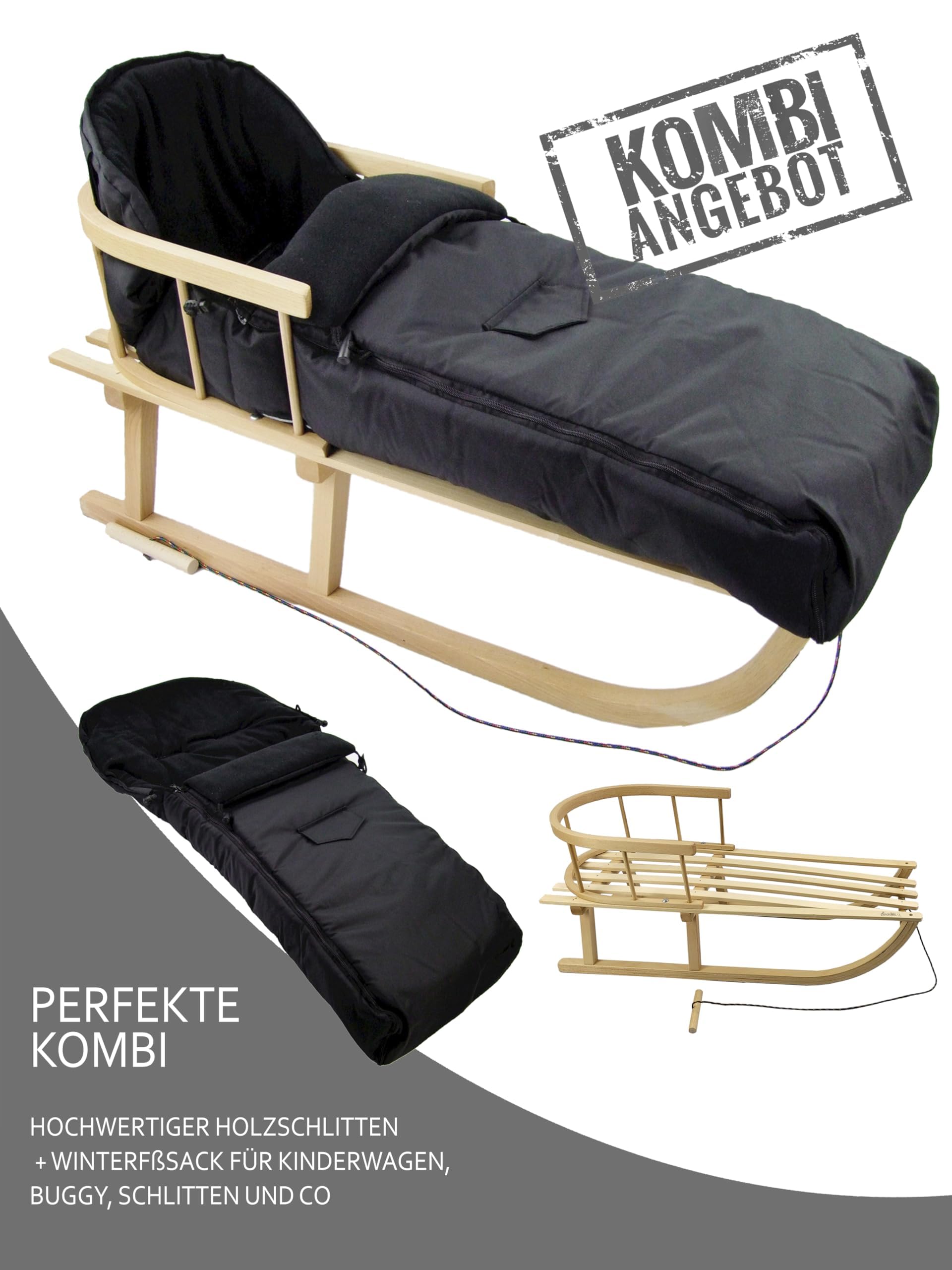 BambiniWelt Holzschlitten mit Rückenlehne & Zugseil + Winterfußsack 108 cm – warmes Thermofleece, wasserabweisend – Kombi-Set für Kinderwagen & Buggy, Farbe: schwarz