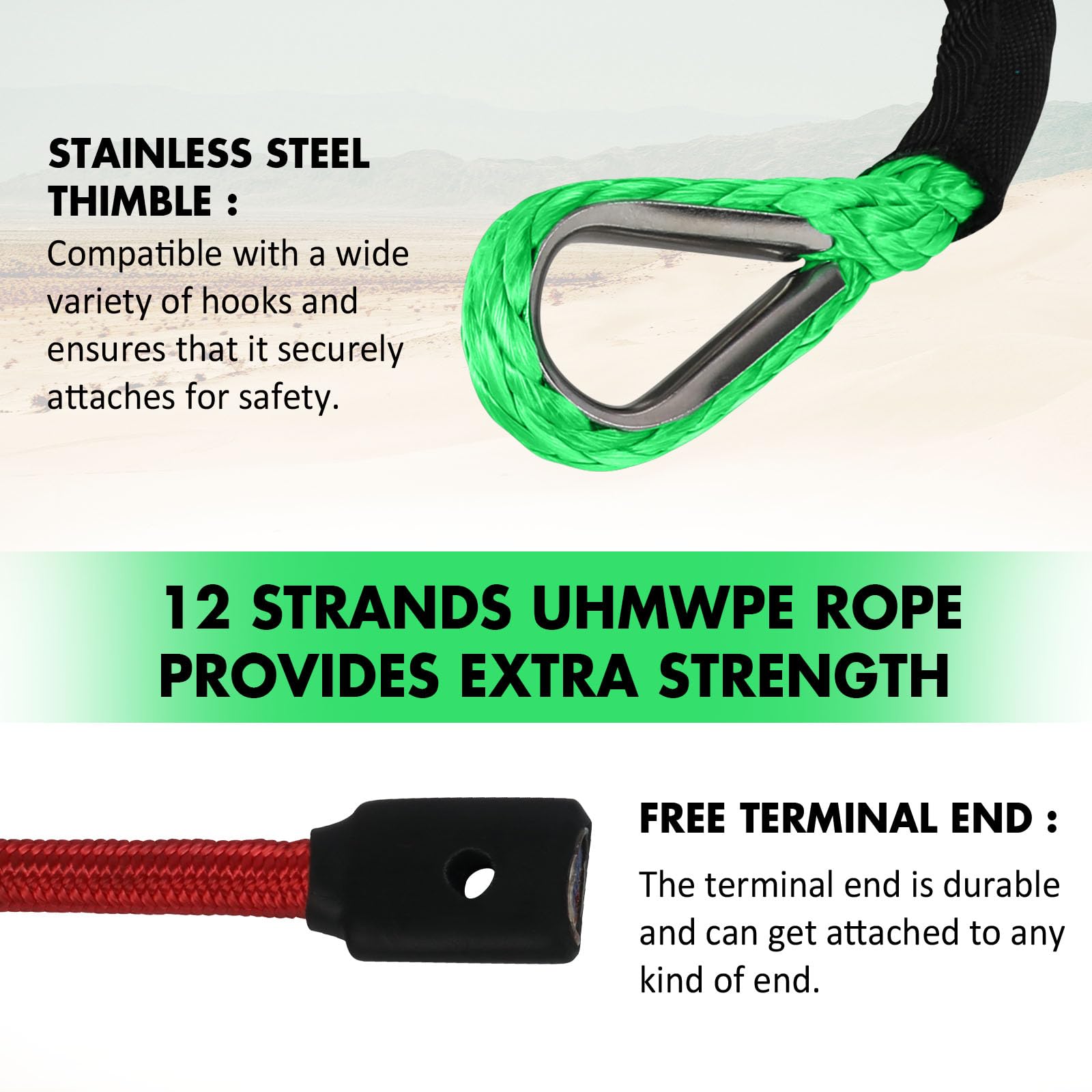 Corda sintetica per verricello Dyneema, 3/8" x 30,5 m, 10,8 kg, con gancio e manicotto di protezione, cavo di recupero per rimorchio auto, per fuoristrada, camion, SUV, Jeep (verde)