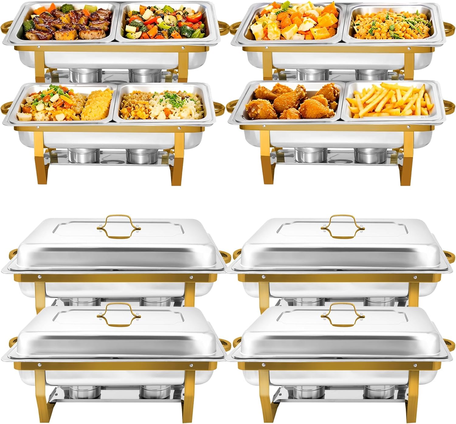 4 Pack Chafing Dish Buffet Set, Gold Chafing Dish Set 8QT Stainless Steel Rectangular Chafers and Buffet Warmer Sets for Catering, with 1/2 Size pan for Event Party Holiday