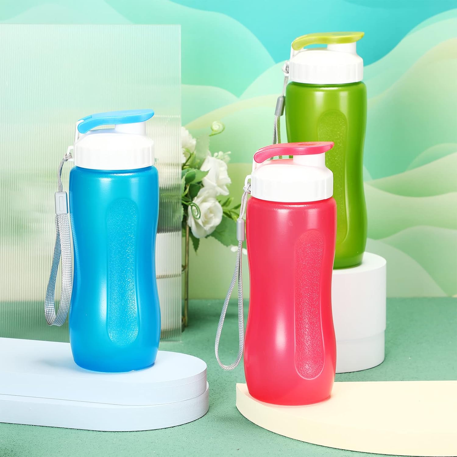 Rtteri 20 Pcs Water Bottle 17 oz Plastic Leakproof Drink Flip Top with Handle Strap, Multicolor Sports Bulk for Cycling Camping Hiking Gym Yoga Fitness