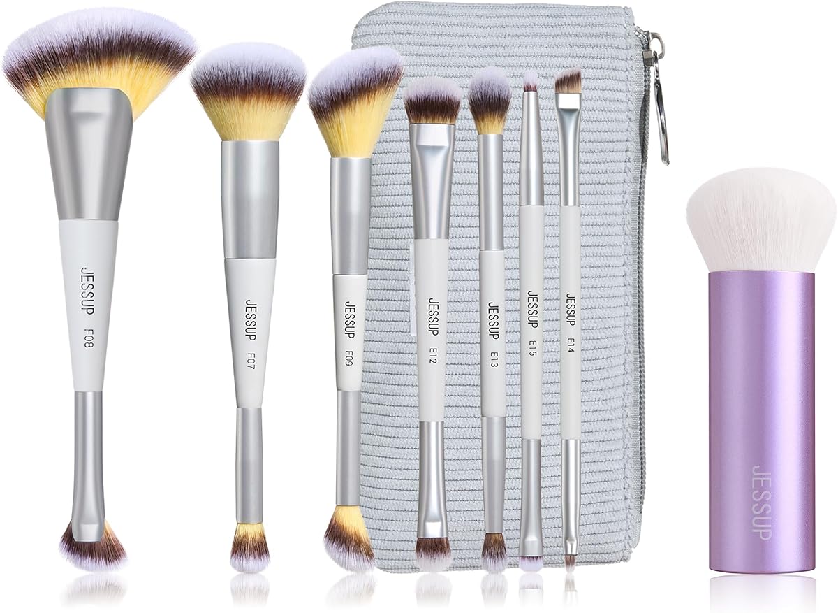 Jessup Juego de brochas de maquillaje, 7 piezas, doble punta, con bolsa, gris silencioso, T520, con brocha de base profesional para líquido, morado de lujo, AS004