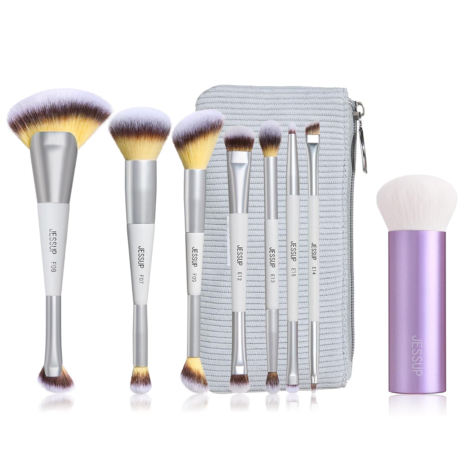 Jessup Makeup Brushes Set 7pcs Dual Ended with Bag Quiet Gray T520 Bundled with Professional Foundation Brush for Liquid Luxury Purple AS004