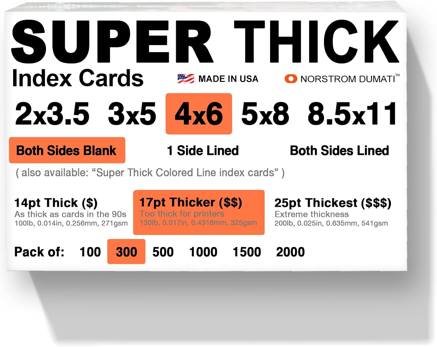 300 SUPER THICK index cards / 4"x6" / 17pt (0.017") 130lb / blank un-ruled/archival acid-free