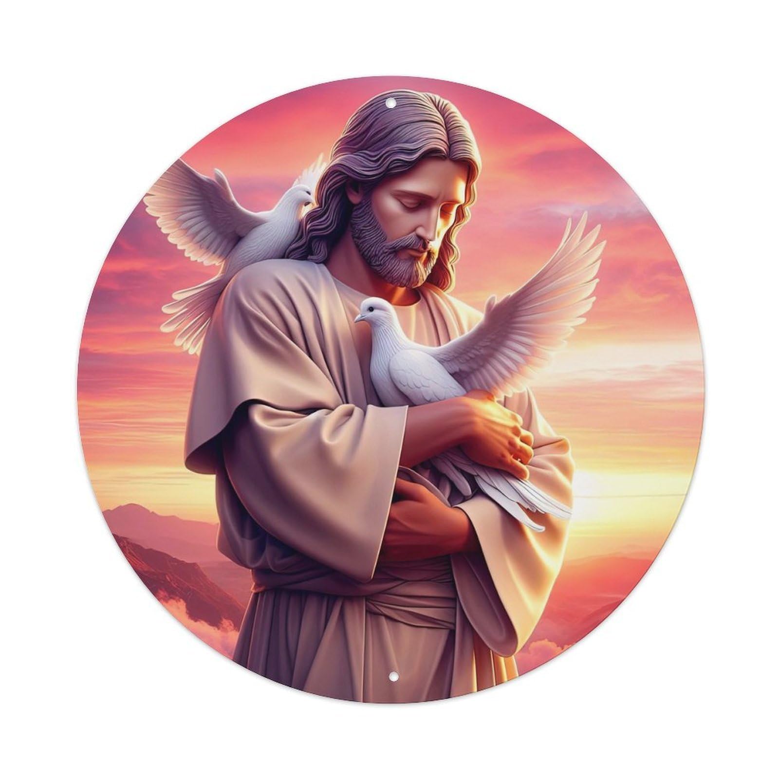 Jesus Holds The Dove Religious Poster Vintage Metal Tin Sign Plaque Wall Decor for Cafe, Club, Garden Round Metal Poster 8x8Inch
