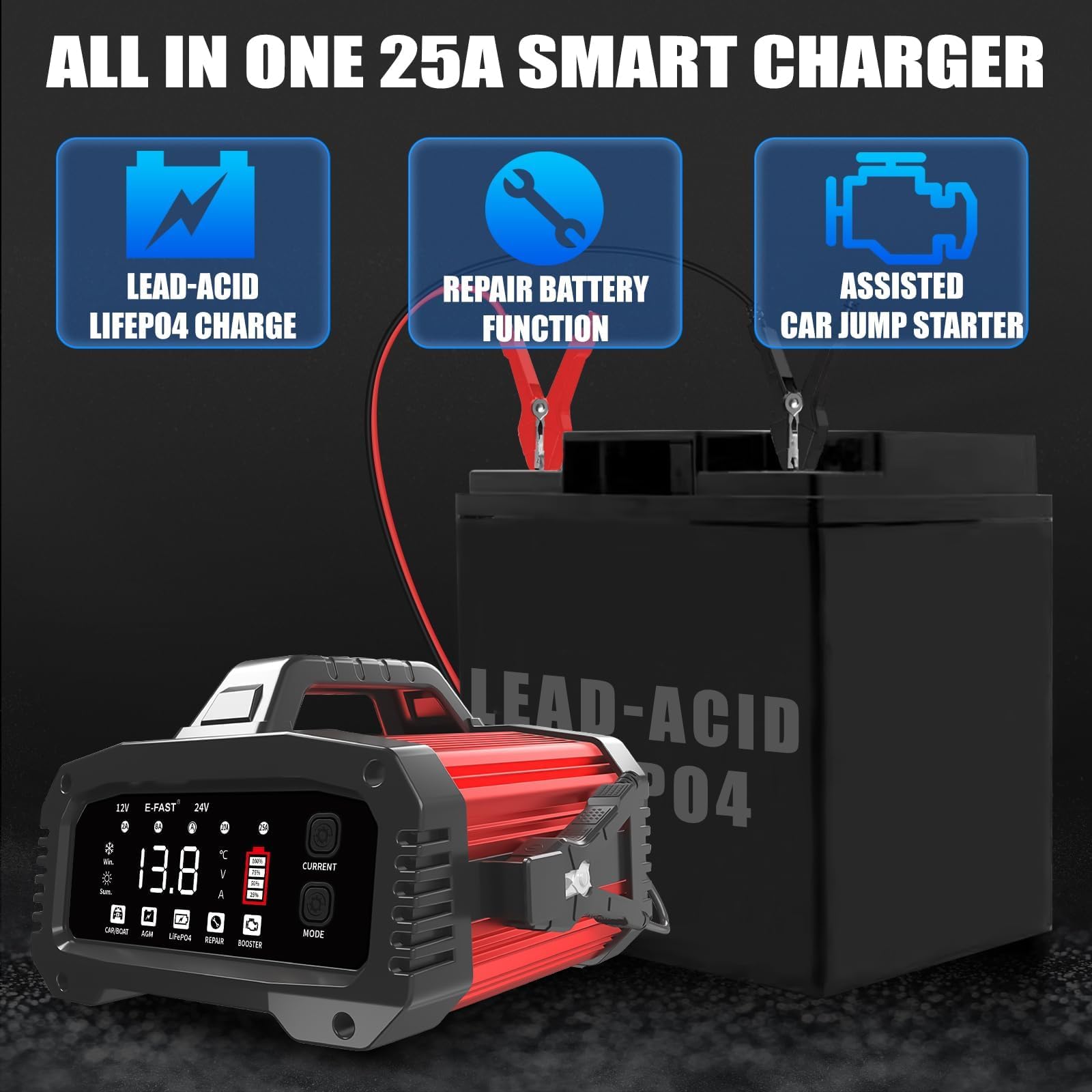 E-FAST Caricabatterie 25 A, caricabatterie all-in-one da 12 V/24 V, caricabatterie per LiFePO4, piombo acido, AGM, batterie al litio, marine, barche e a ciclo profondo, corrente regolabile a 5 livelli