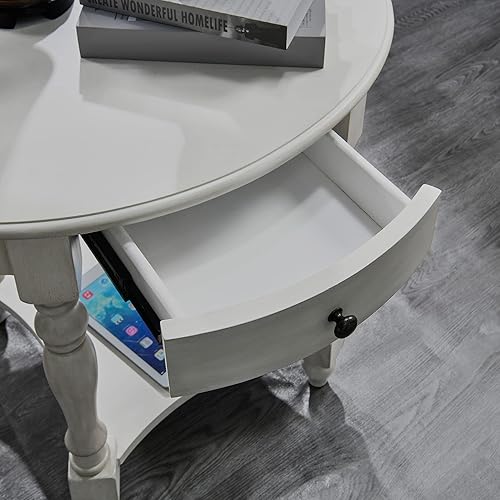 Miniatura 5 de MODERION Mesa auxiliar ovalada con cajón, estante de almacenamiento lateral de madera maciza para sofá, mesa de esquina tradicional para sala de