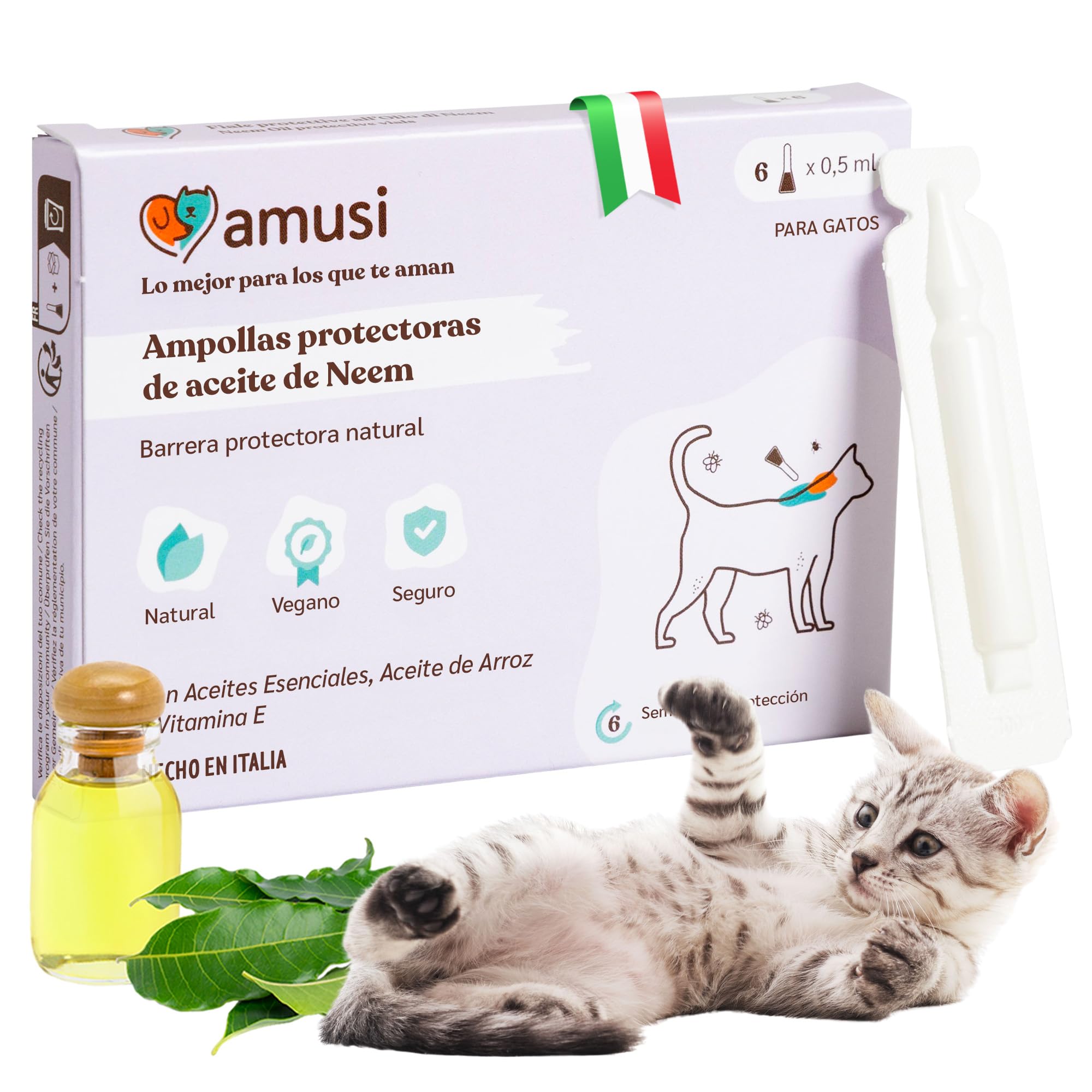 Ampollas Protectoras de Aceite de neem para Gatos - 6 Pipetas Gatos de 0,5 ml - Pipetas Antiparasitarias Gatos - contra Pulgas Gatos Garrapatas Mosquitos Piojos - Protección Duradera Natural