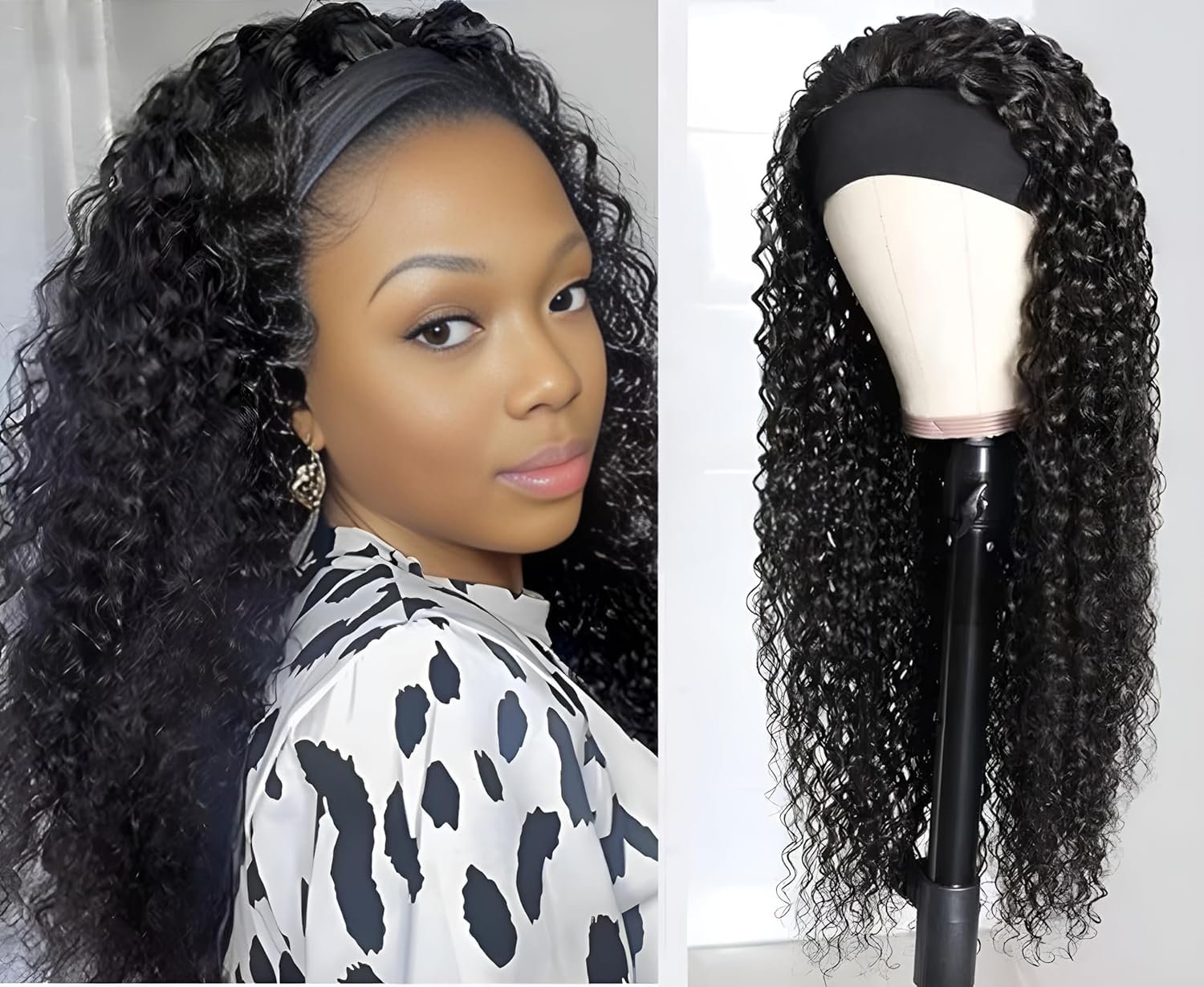 Curly Headband Wig Human Hair 18Inch Human Hair Headband Wig Glueless Wear and Go Human Hair Scarf None Lace Front Wigs 150% Density Natural Color