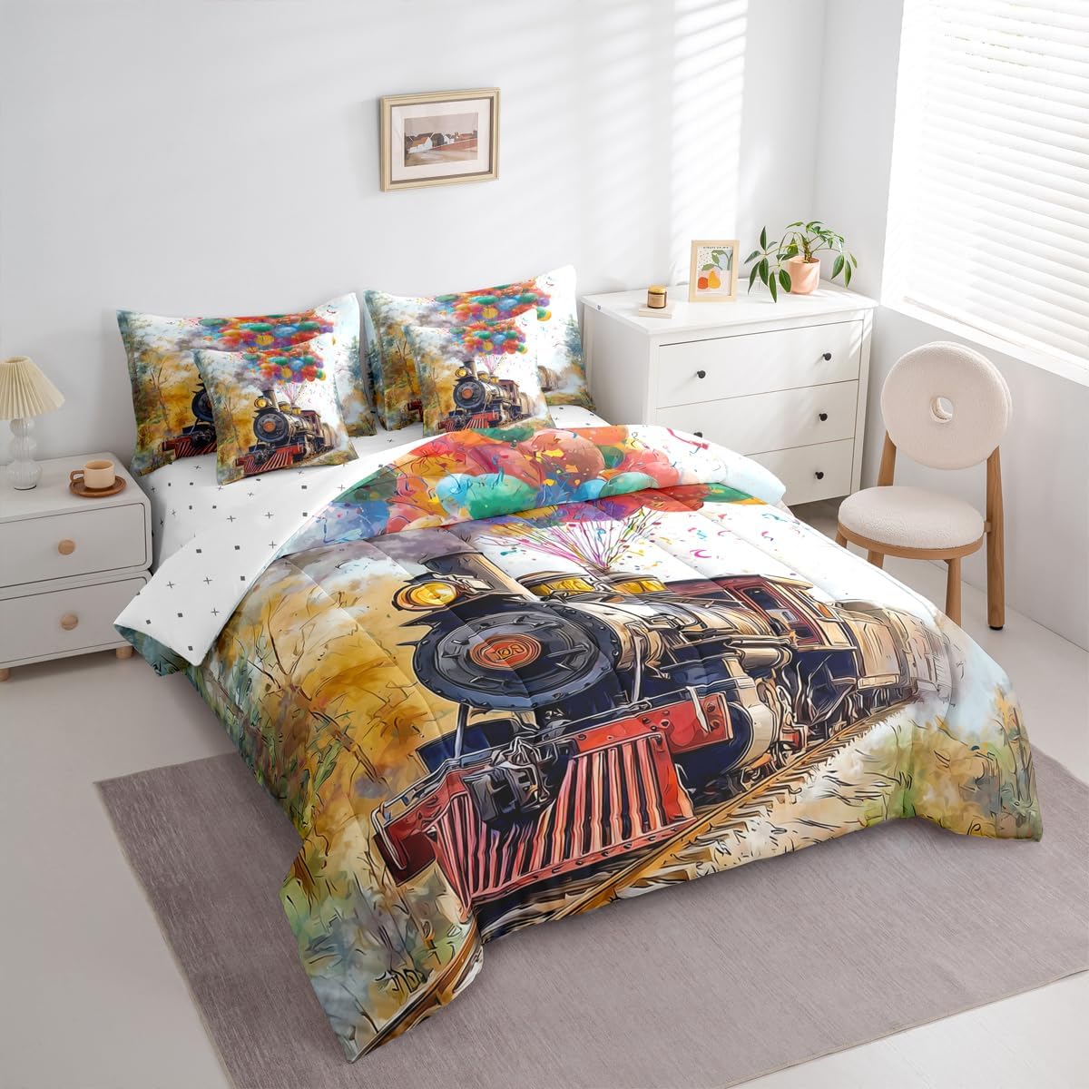 jejeloiu Vintage Steam Train Comforter Set with Sheets 7 Piece King Size 3D Old Style Train Bed in a Bag Kids Boys Girls Classic Railway Retro Bedding Set Balloons Bedroom Decor Breathable Soft