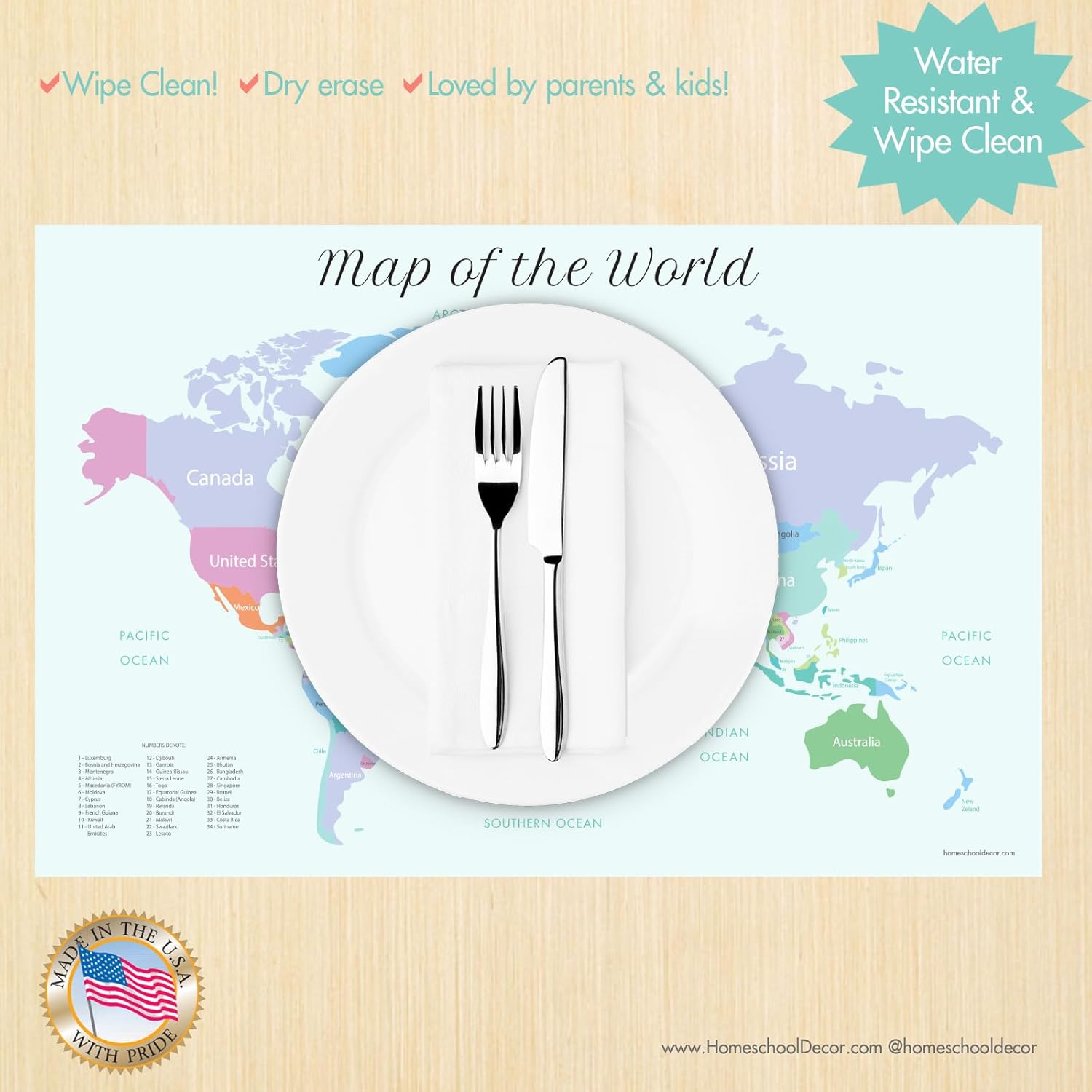 362 World Flags Placemat for Kids, World Map Learning, Continents, Waterproof Educational Placemat - 2 Sides