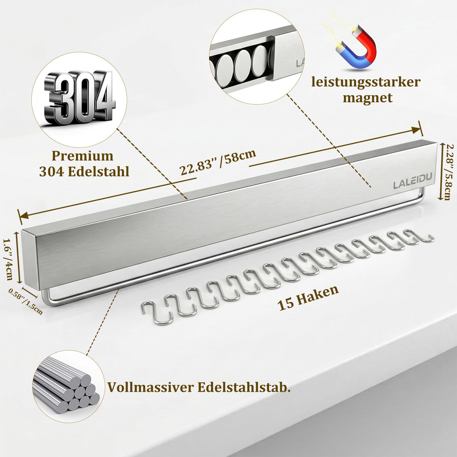 Magnetleiste Messer 59 CM - Starker Magnetischer Messerhalter mit Klebeband/Schrauben/ 15 Haken - Edelstahl Magnet Messerhalter für Messer, Unbestückte Messerblöck
