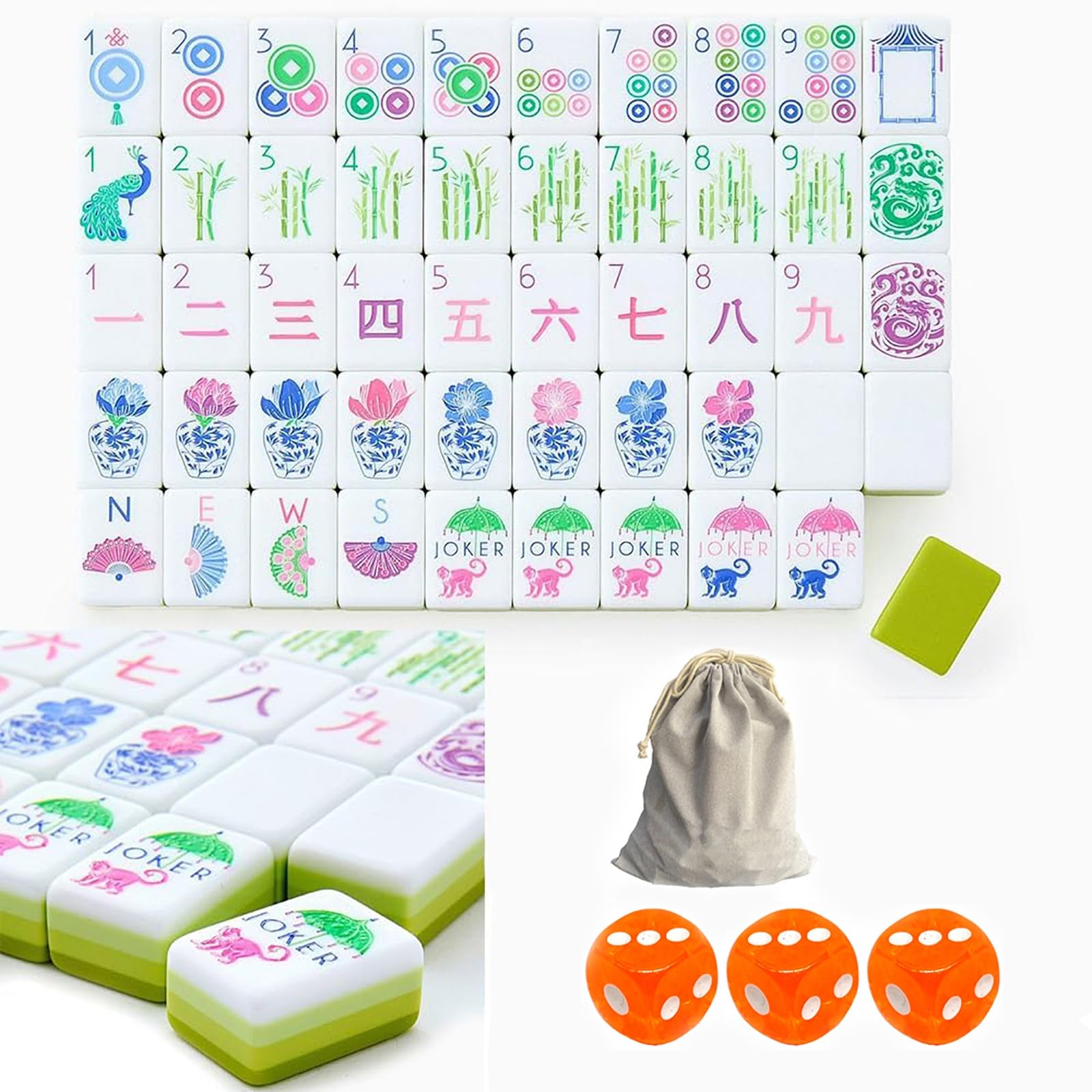 3-kolorowy akrylowy zestaw Mahjong 160 płytek - przenośna amerykańska gra z przezroczystymi grawerowanymi płytkami i torbą do przechowywania(Green)